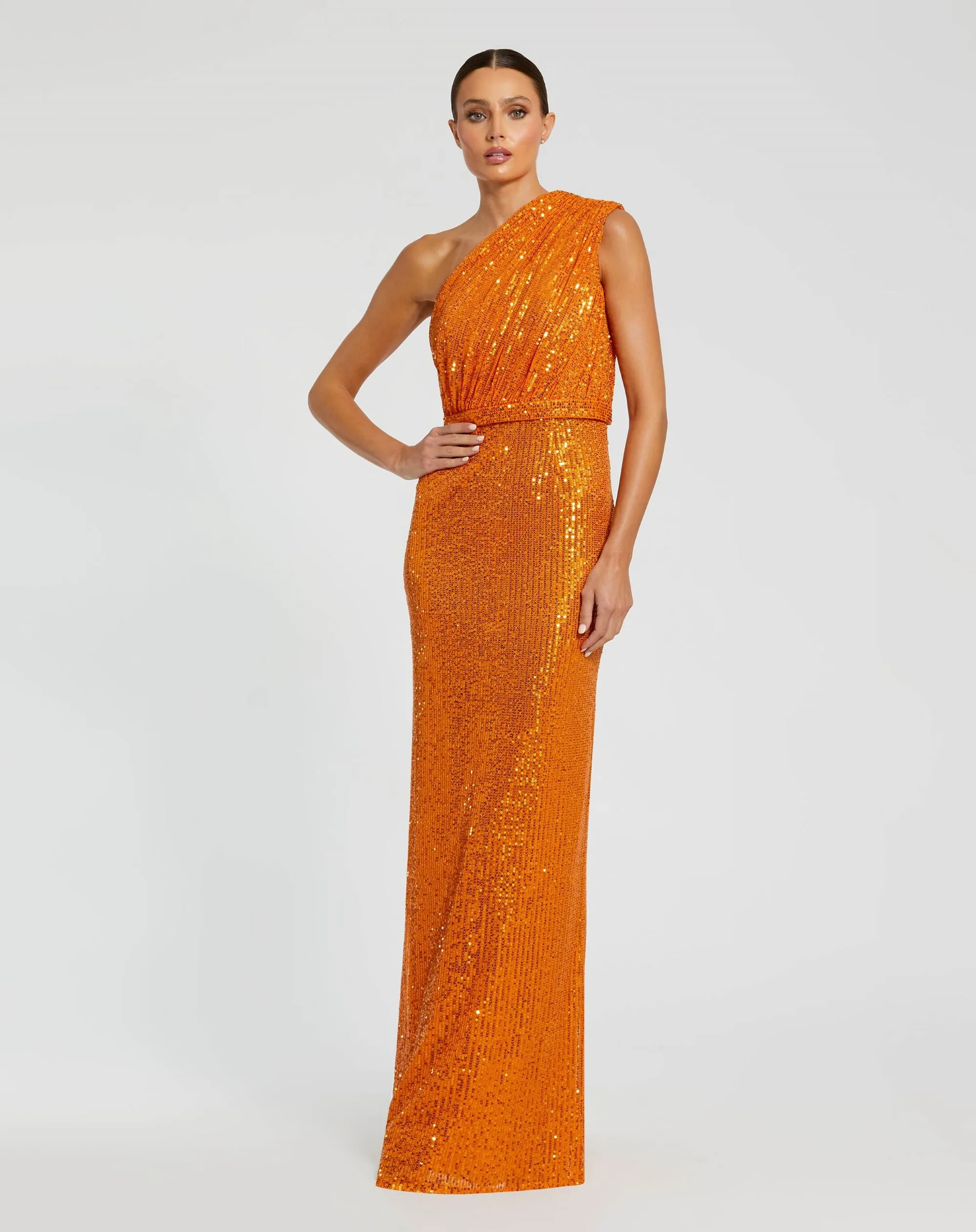 Orange Sequined Ruched One Shoulder Gown sold by Mac Duggal