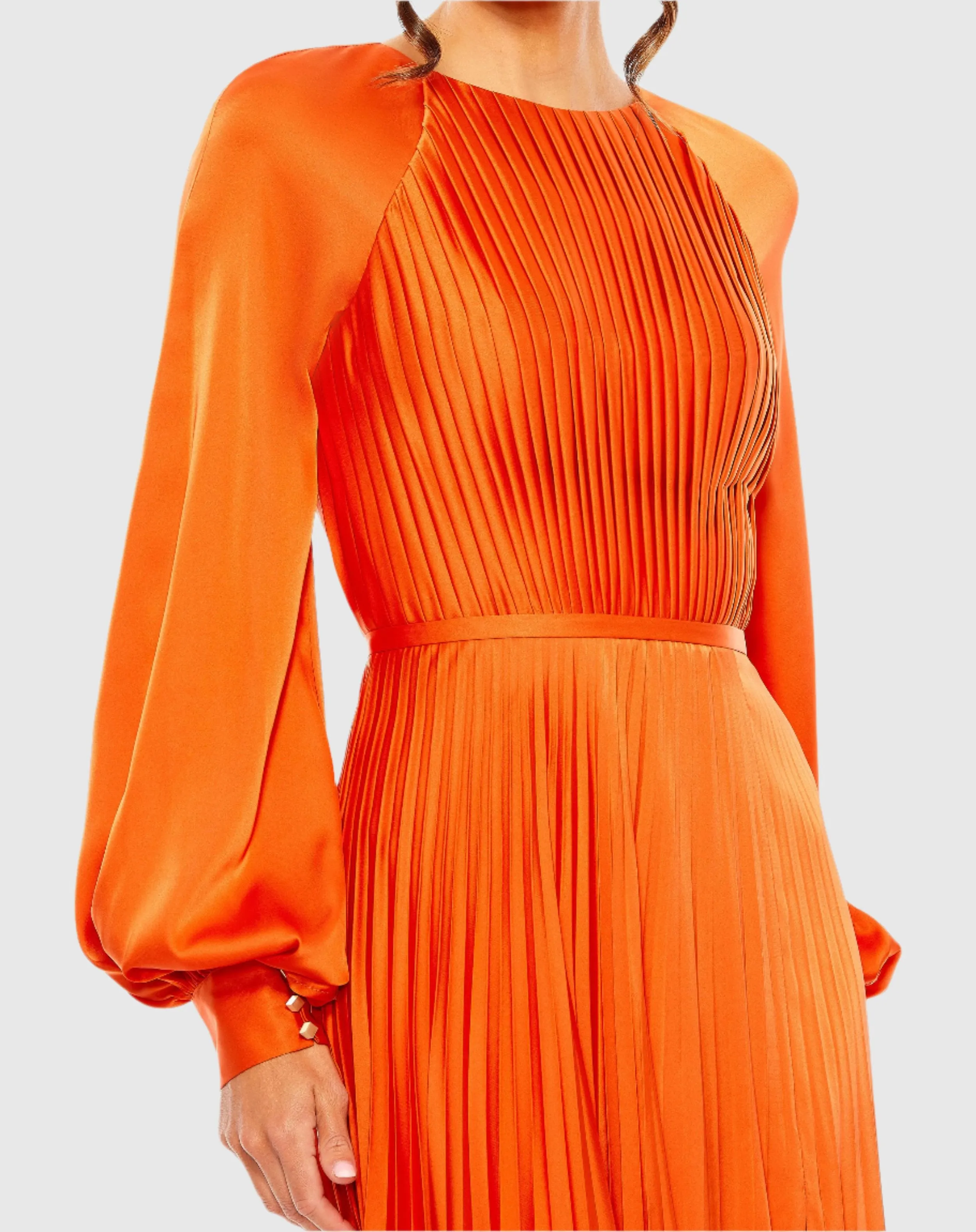 Orange Pleated High Neck Long Sleeve Gown with Slit sold by Mac Duggal product image thumbnail 2