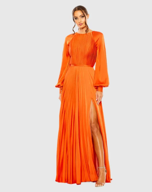 Orange Pleated High Neck Long Sleeve Gown with Slit sold by Mac Duggal