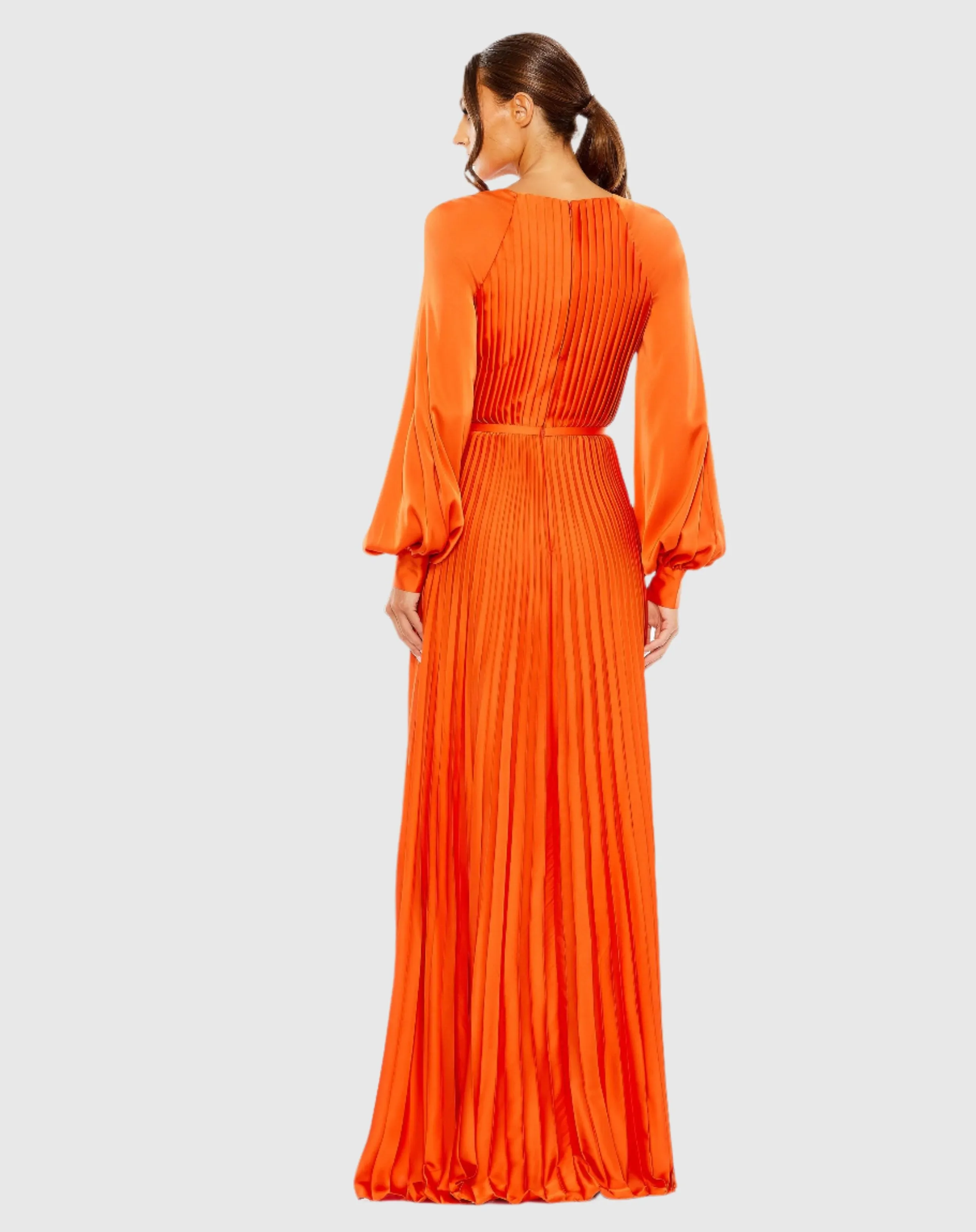 Orange Pleated High Neck Long Sleeve Gown with Slit sold by Mac Duggal product image thumbnail 3
