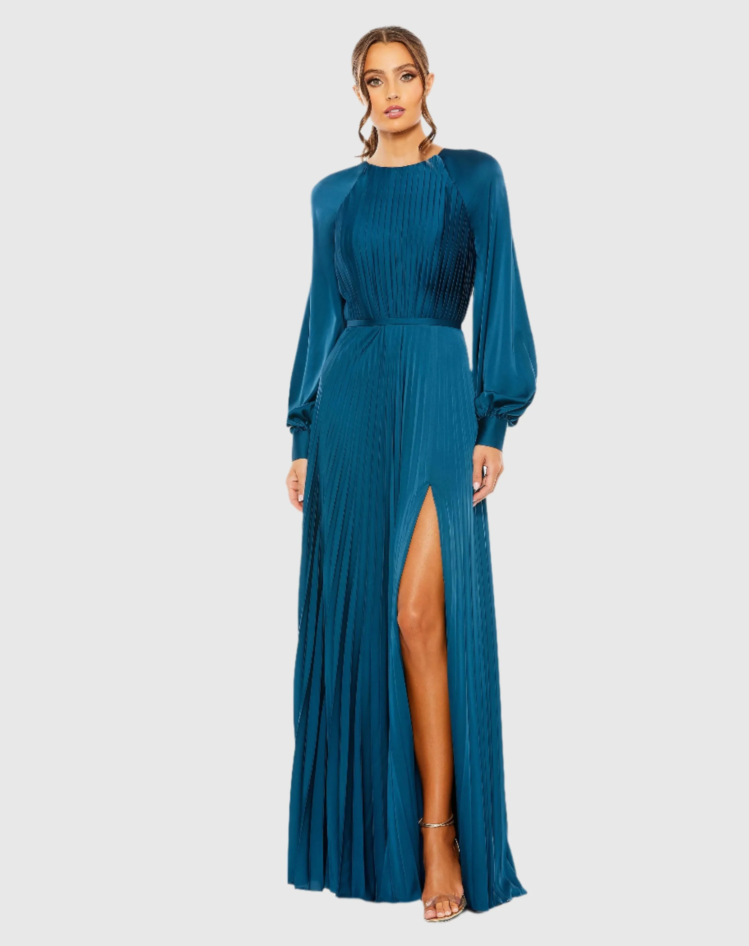 Blue Pleated High Neck Long Sleeve Gown with Slit sold by Mac Duggal