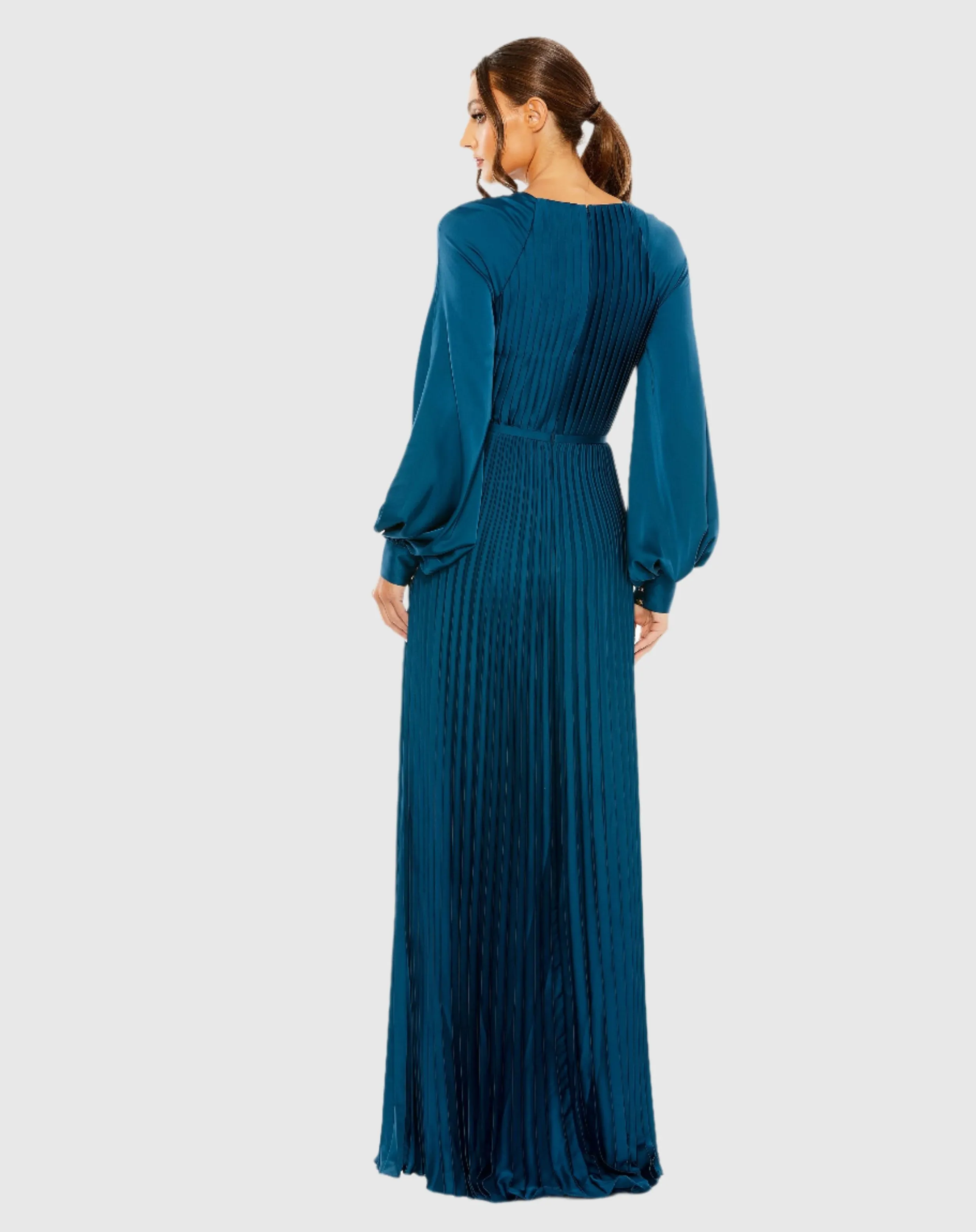 Blue Pleated High Neck Long Sleeve Gown with Slit sold by Mac Duggal product image thumbnail 3