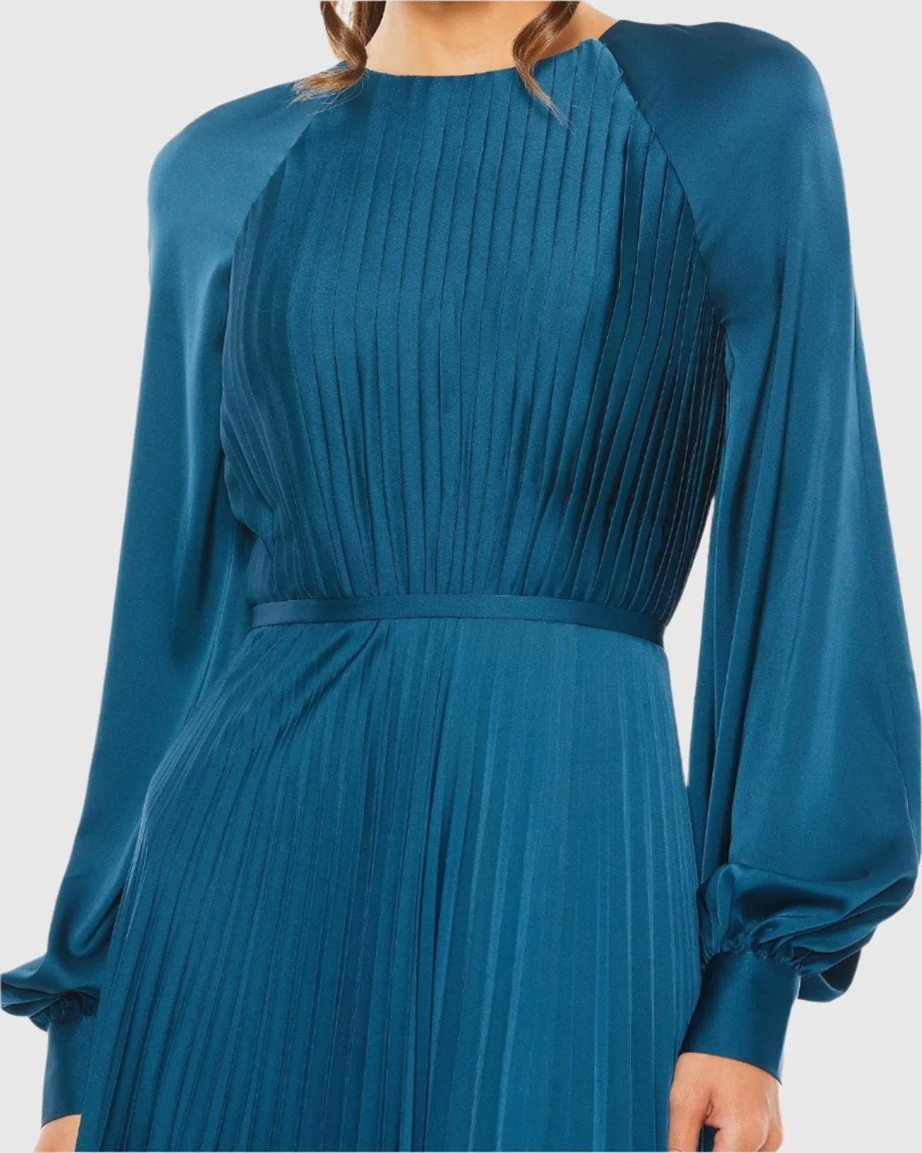 Blue Pleated High Neck Long Sleeve Gown with Slit sold by Mac Duggal product image thumbnail 2