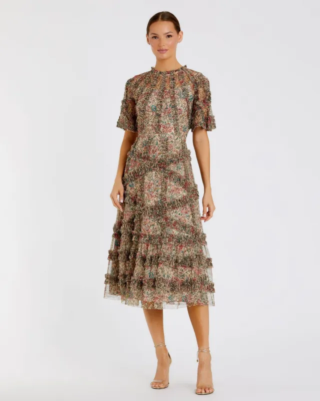 Beige Floral Midi Dress with Ruffle Detailing sold by Mac Duggal
