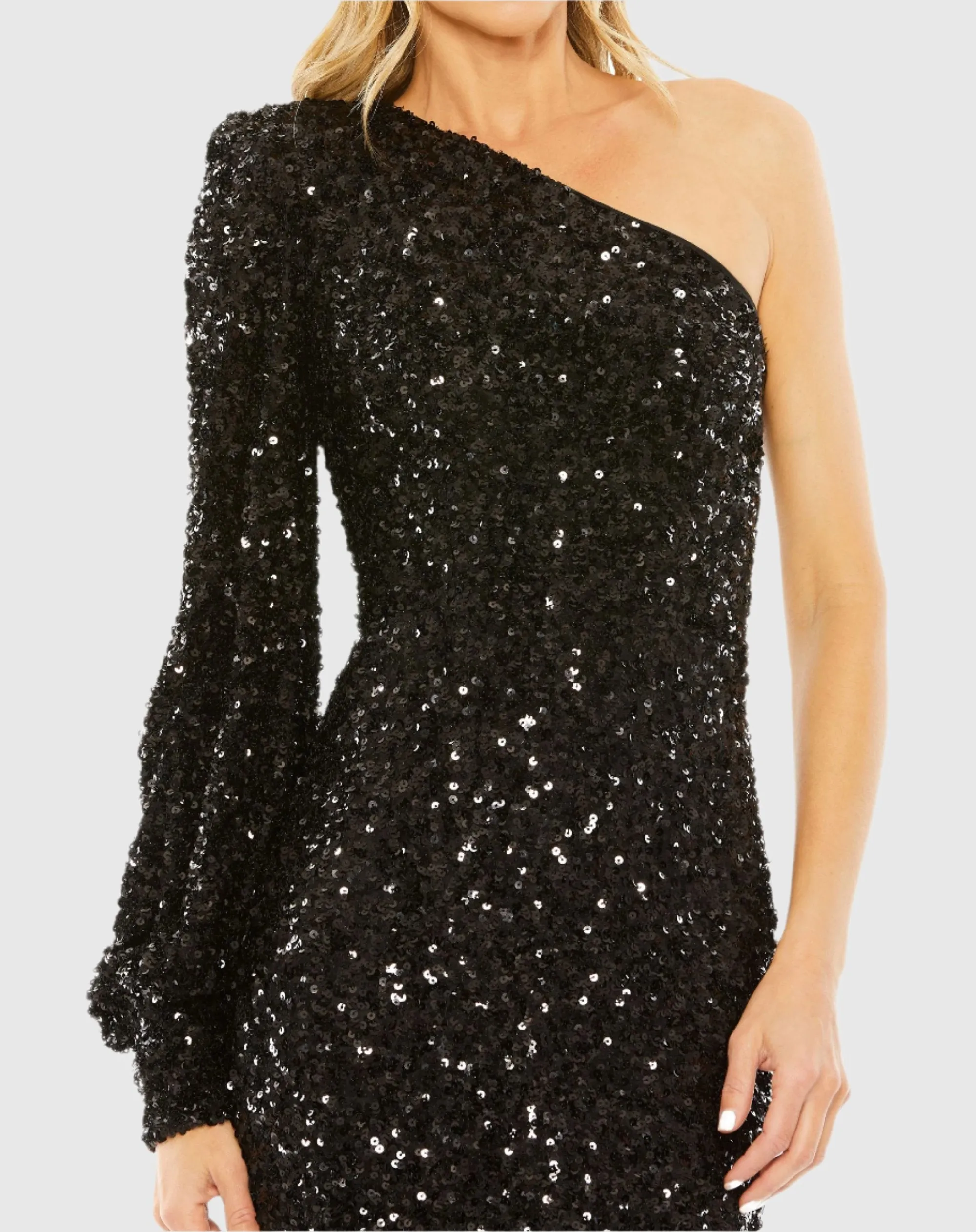 Black Sequined One Shoulder Bishop Sleeve Trumpet Gown sold by Mac Duggal product image thumbnail 2