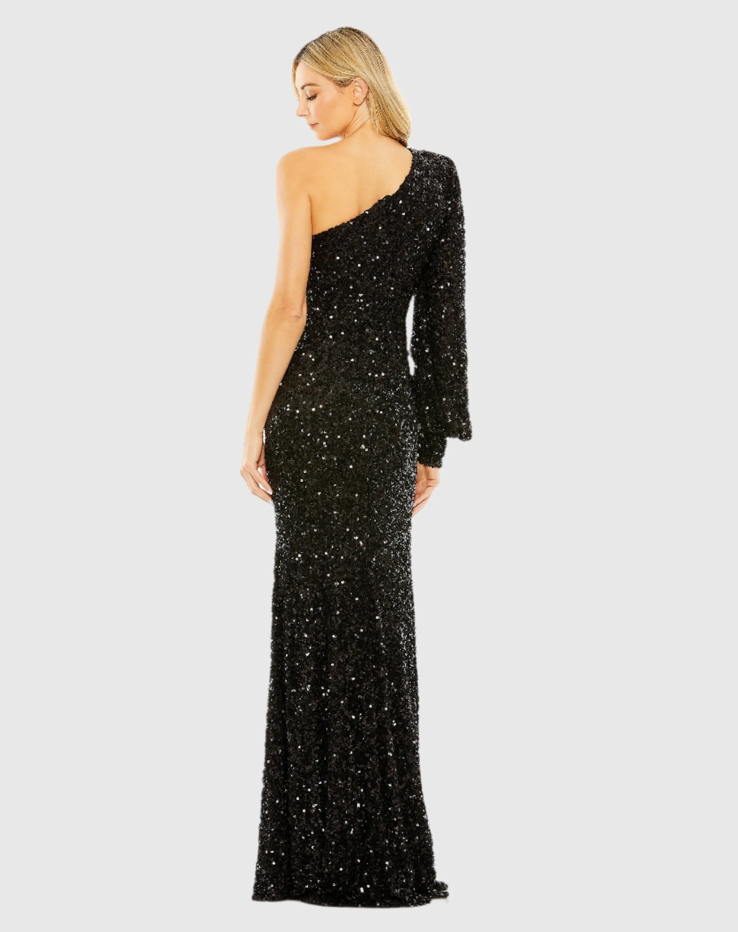 Black Sequined One Shoulder Bishop Sleeve Trumpet Gown sold by Mac Duggal product image thumbnail 3