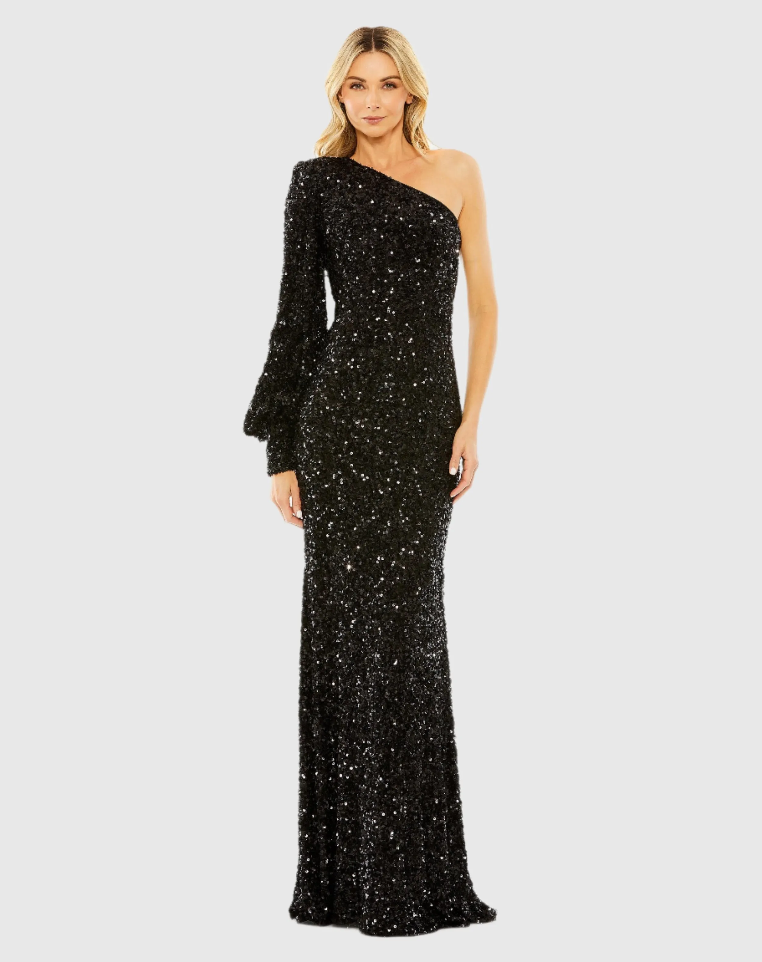 Black Sequined One Shoulder Bishop Sleeve Trumpet Gown sold by Mac Duggal