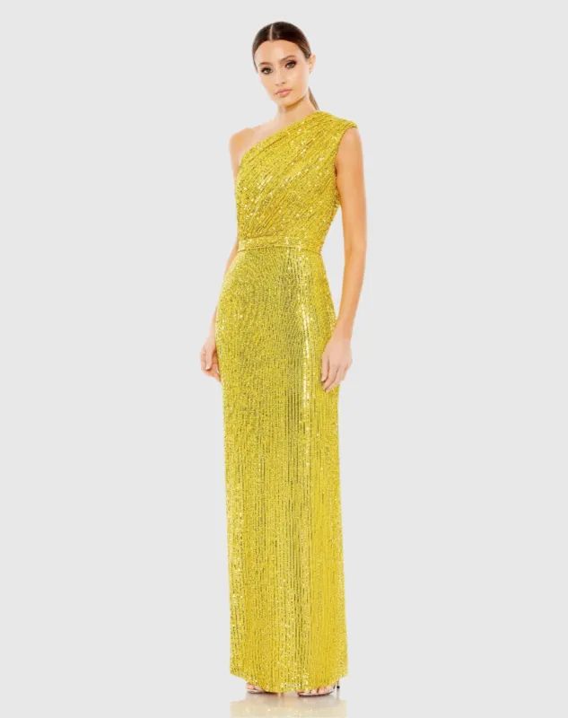 Yellow Sequined Ruched One Shoulder Gown sold by Mac Duggal