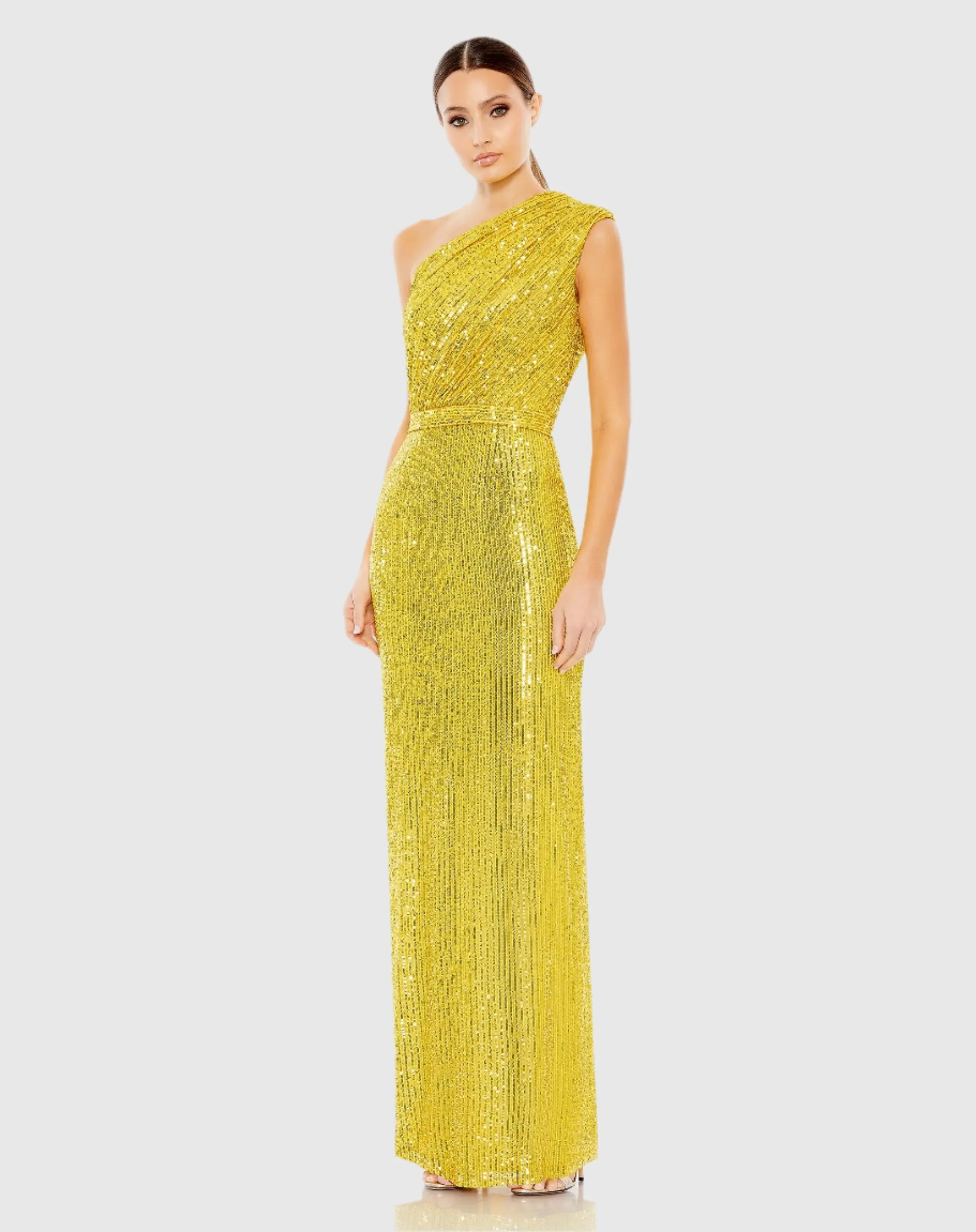 Yellow Sequined Ruched One Shoulder Gown - FINAL SALE sold by Mac Duggal