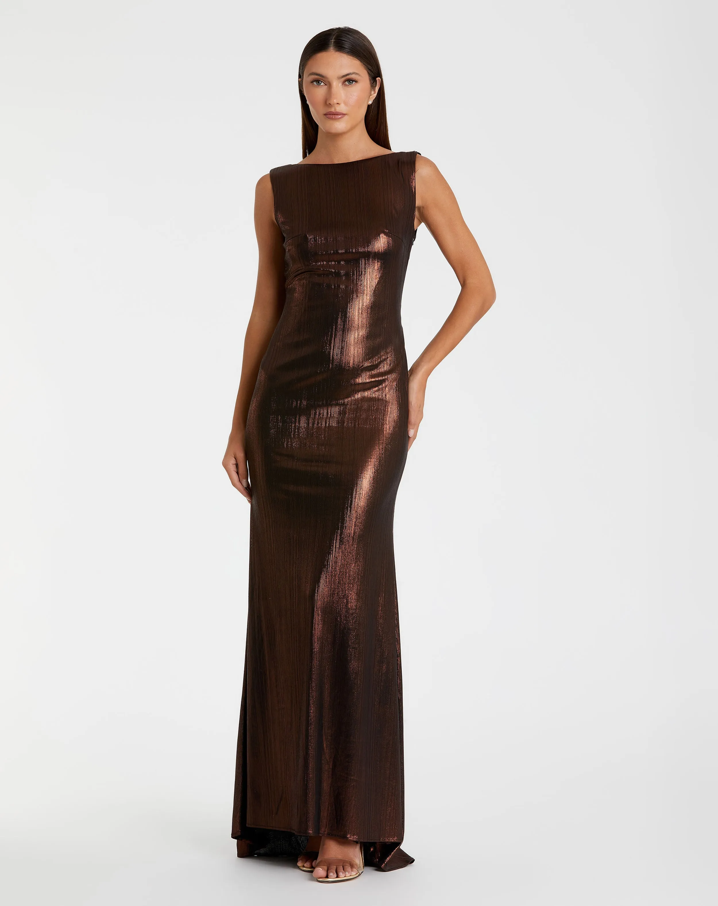 Brown Metallic Jersey Cowl Back Column Gown sold by Mac Duggal