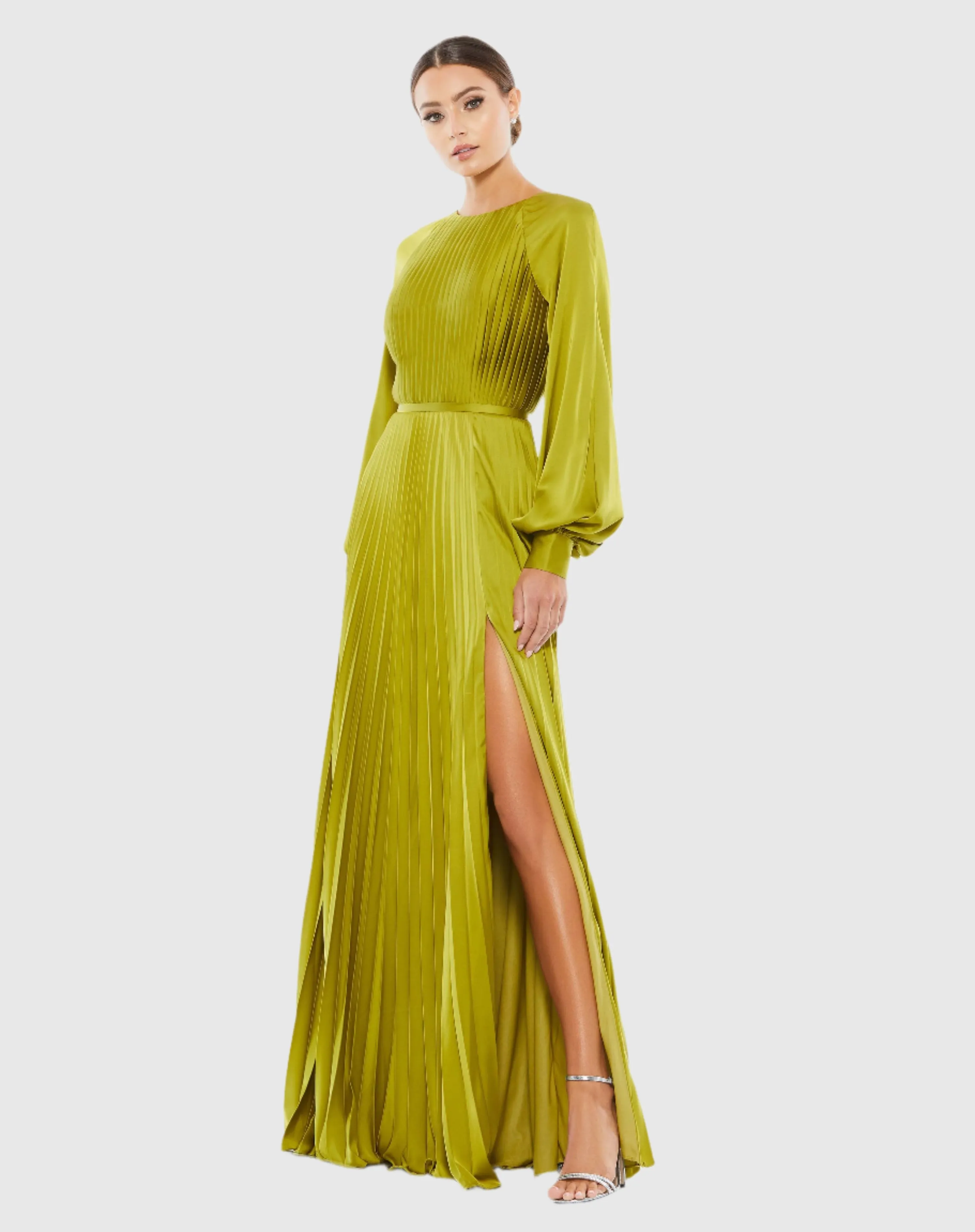 Green Pleated High Neck Long Sleeve Gown with Slit sold by Mac Duggal