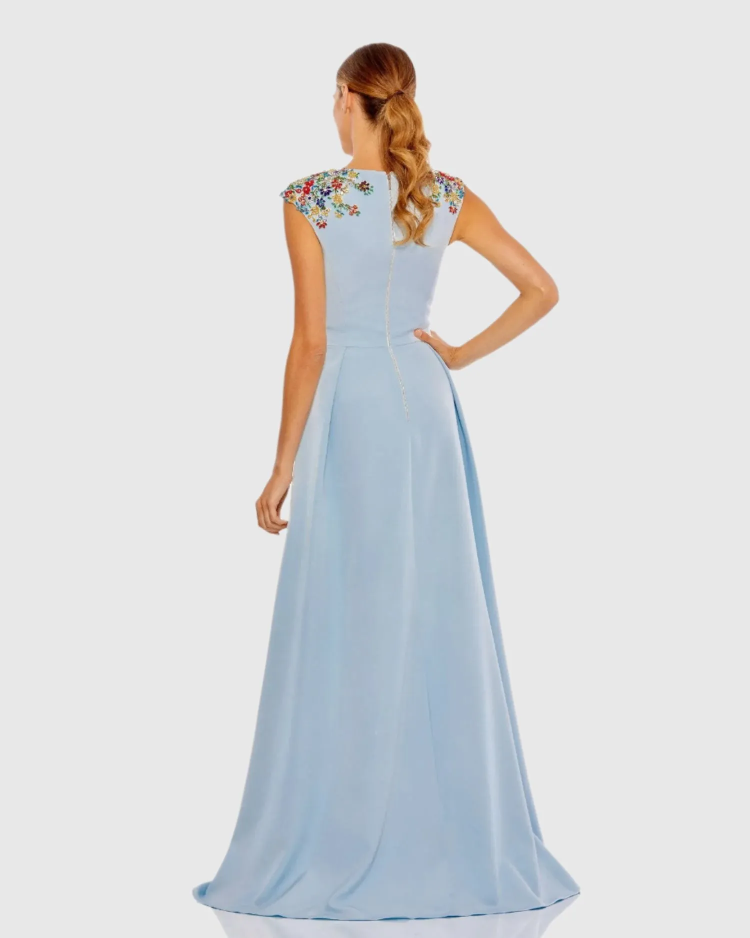 Dark Blue Beaded Cap Sleeve V Neck A Line Gown - FINAL SALE sold by Mac Duggal product image thumbnail 3
