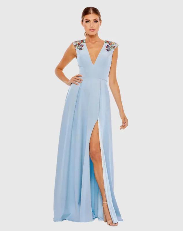 Dark Blue Beaded Cap Sleeve V Neck A Line Gown - FINAL SALE made by Mac Duggal
