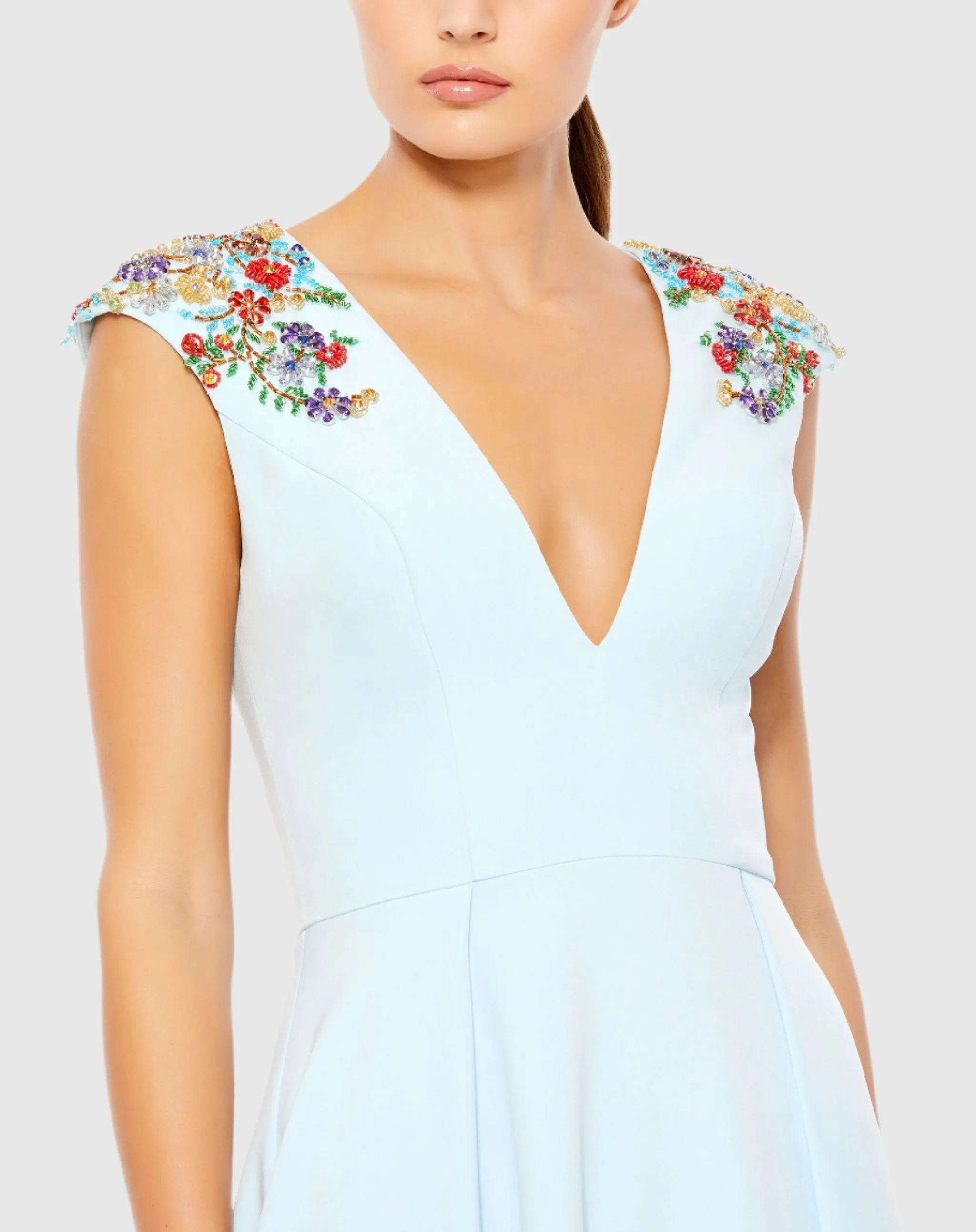 Light Blue Beaded Cap Sleeve V Neck A Line Gown sold by Mac Duggal product image thumbnail 2