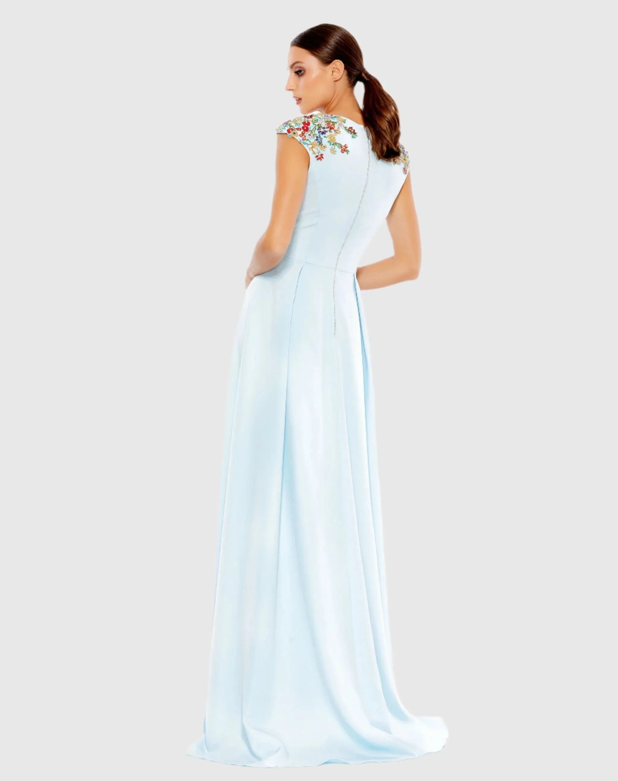 Light Blue Beaded Cap Sleeve V Neck A Line Gown sold by Mac Duggal product image thumbnail 3
