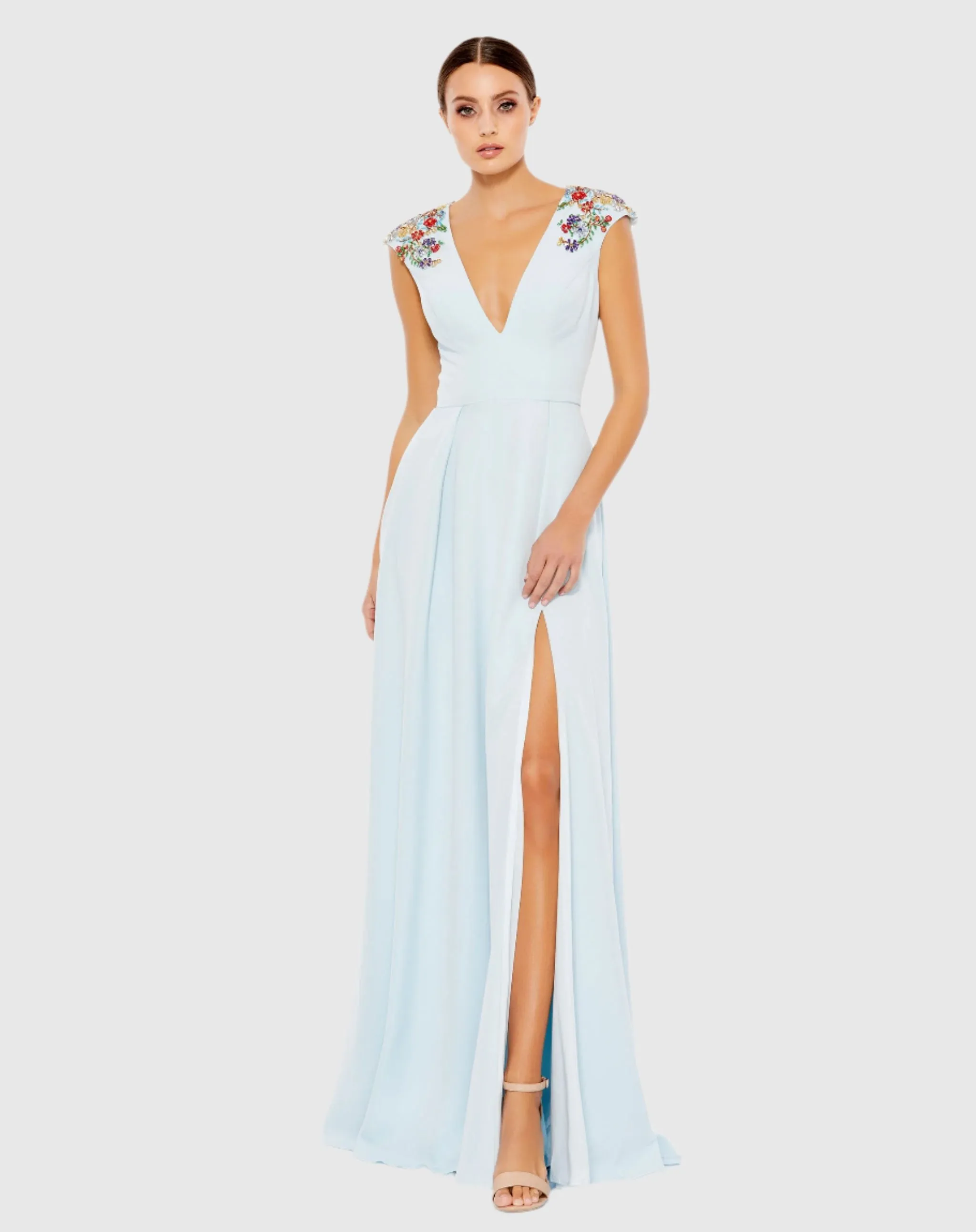 Light Blue Beaded Cap Sleeve V Neck A Line Gown sold by Mac Duggal