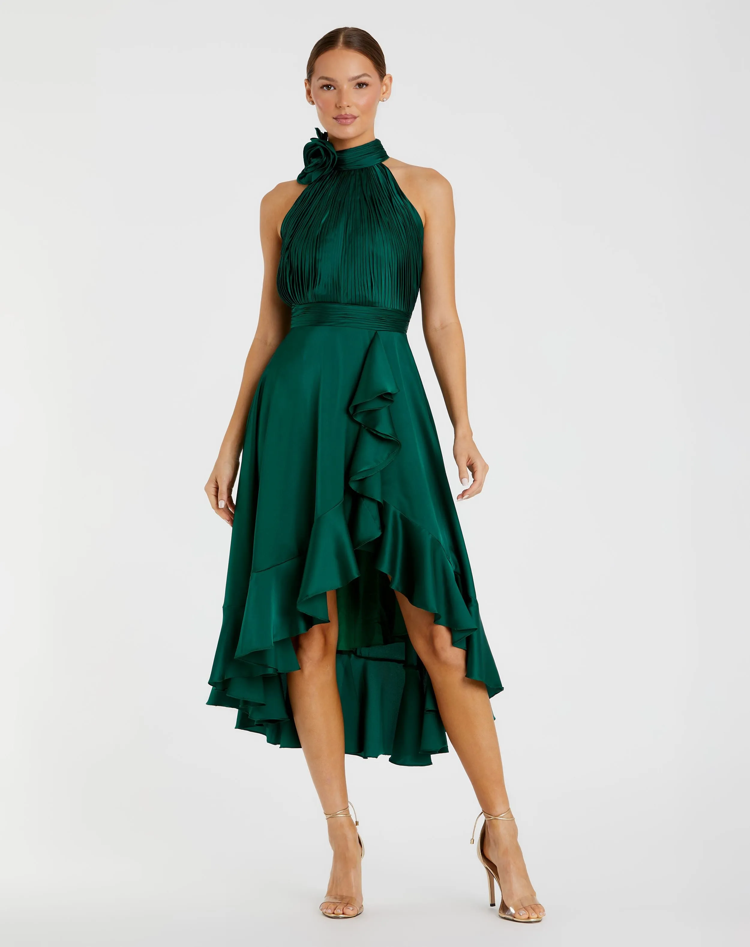 Green Halter Neck Flower Detail Ruffled Midi Dress sold by Mac Duggal