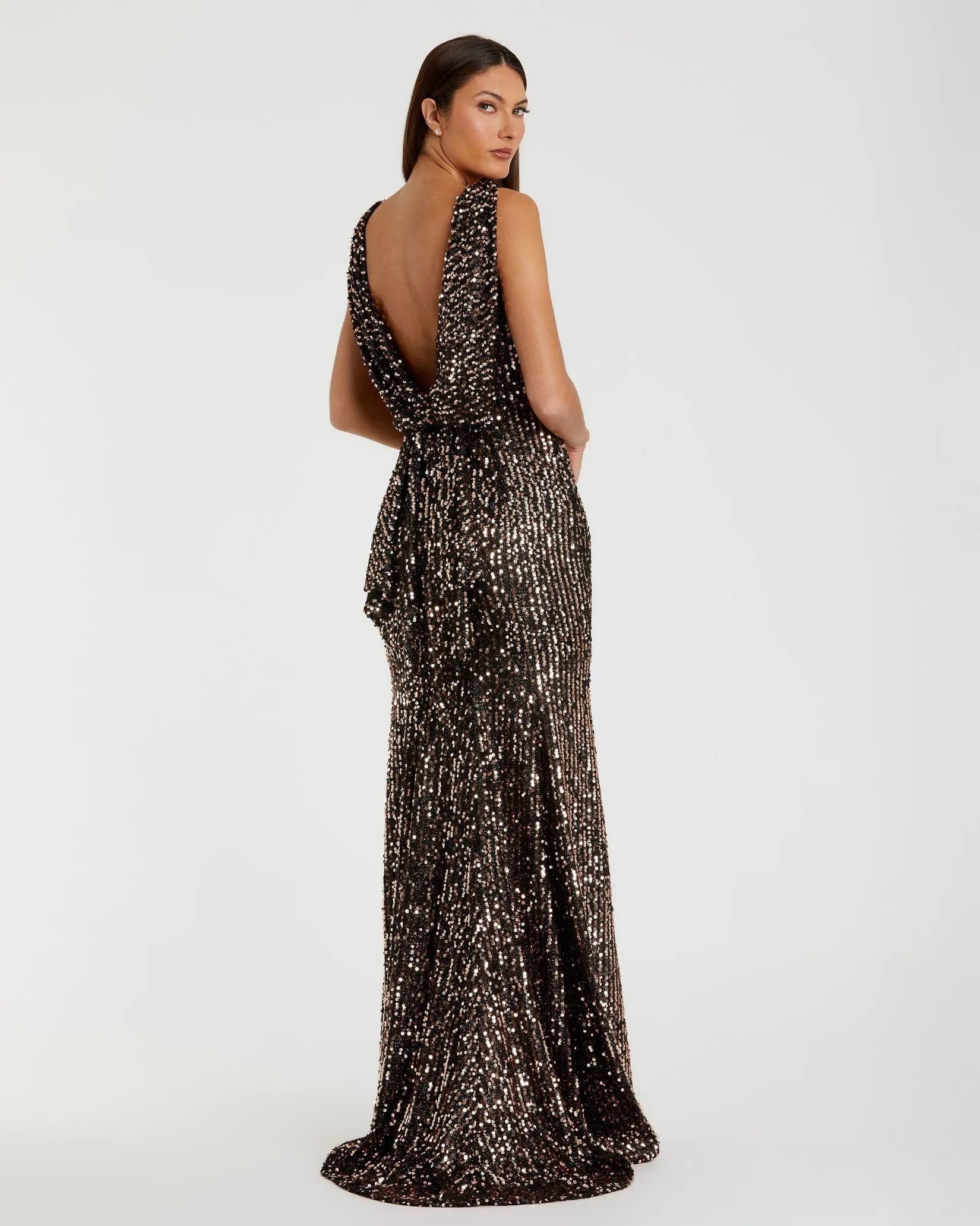 Brown Cowl Back Boat Neck Sequined Evening Gown sold by Mac Duggal product image thumbnail 3