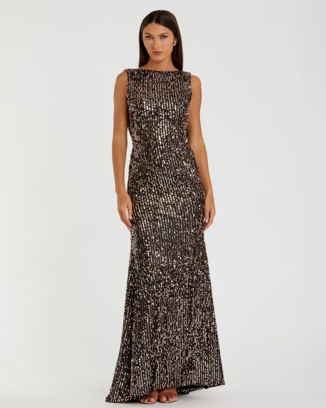 Brown Cowl Back Boat Neck Sequined Evening Gown sold by Mac Duggal