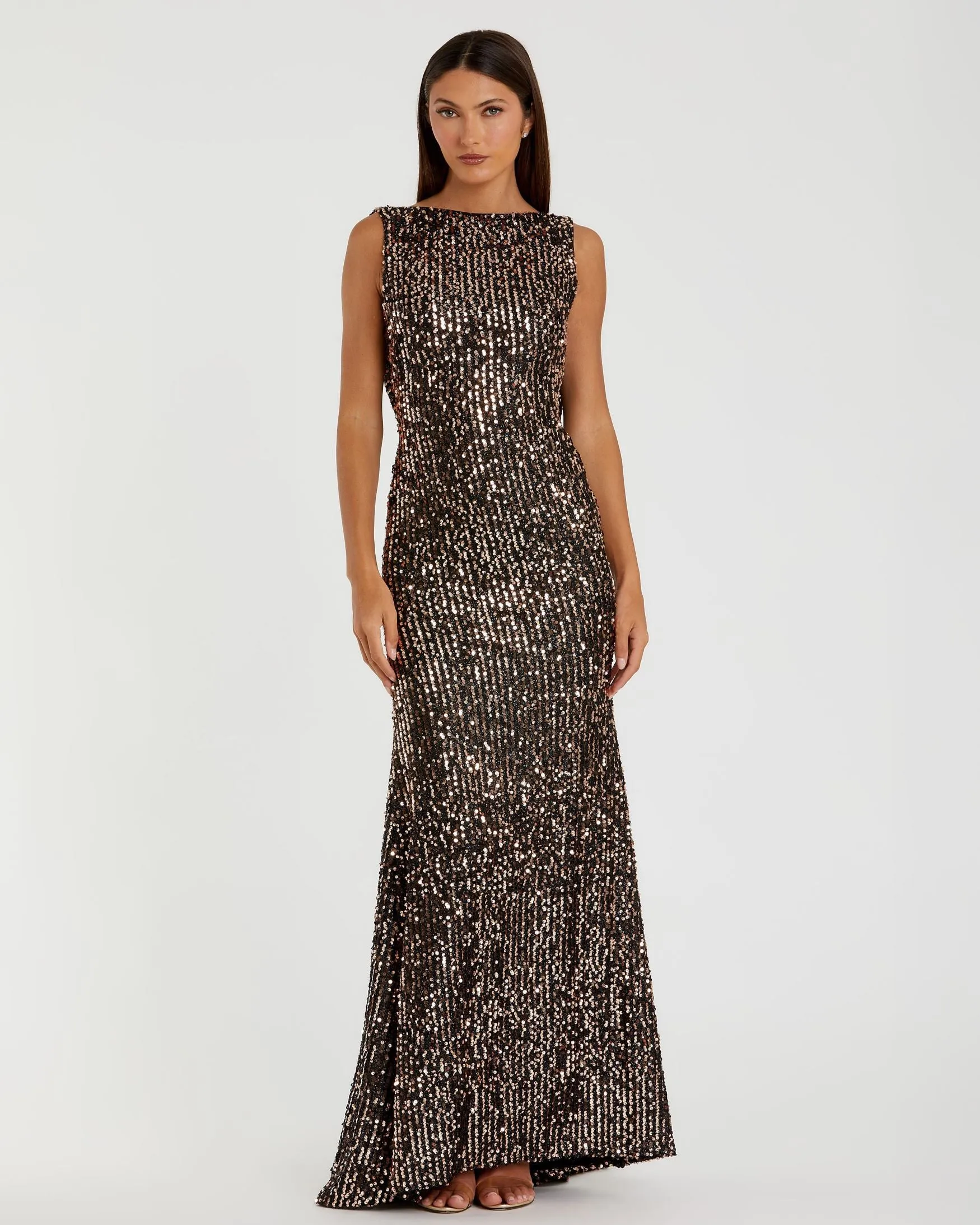 Brown Cowl Back Boat Neck Sequined Evening Gown sold by Mac Duggal