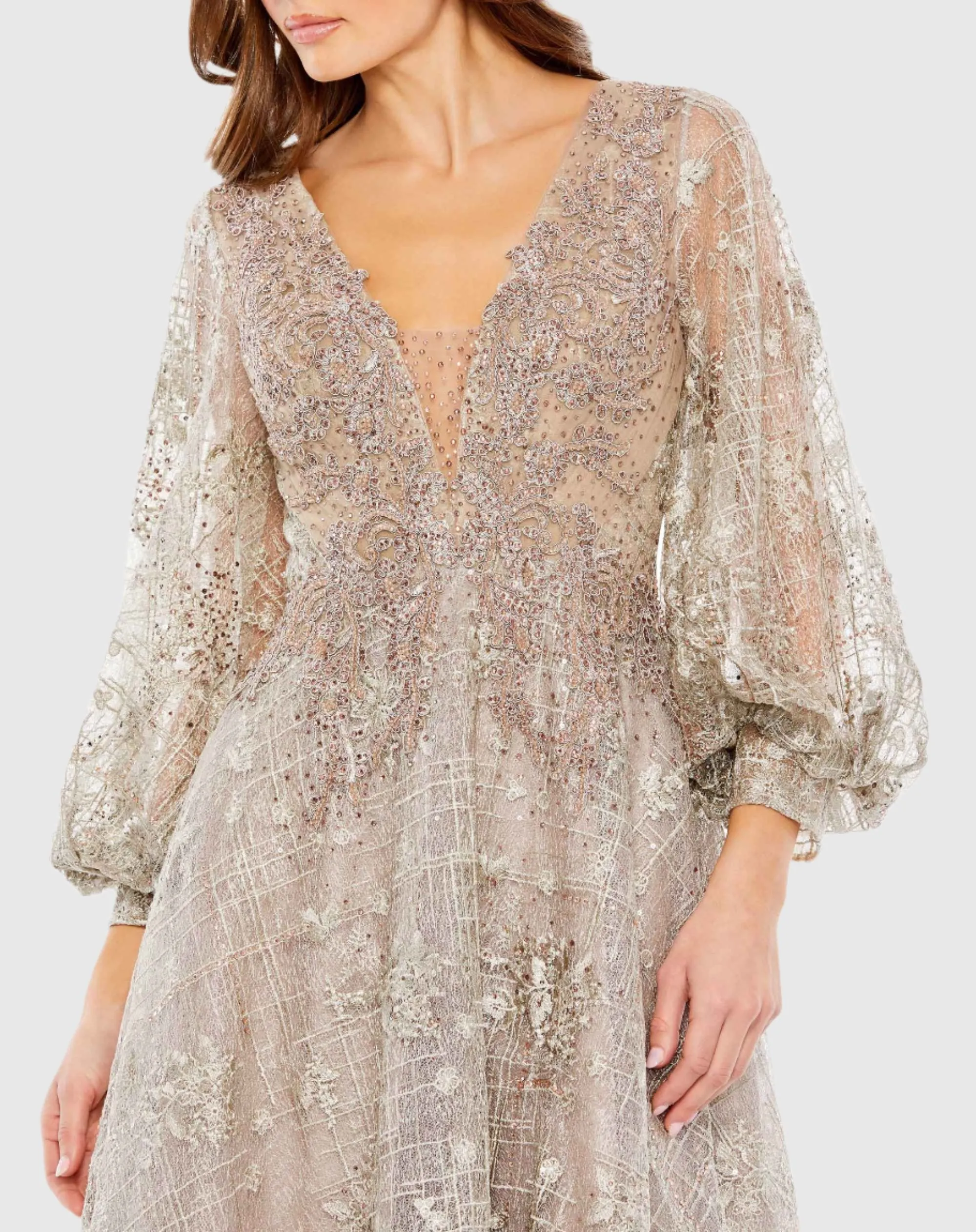 Beige Embellished Plunge Neck Bishop Sleeve Dress sold by Mac Duggal product image thumbnail 2