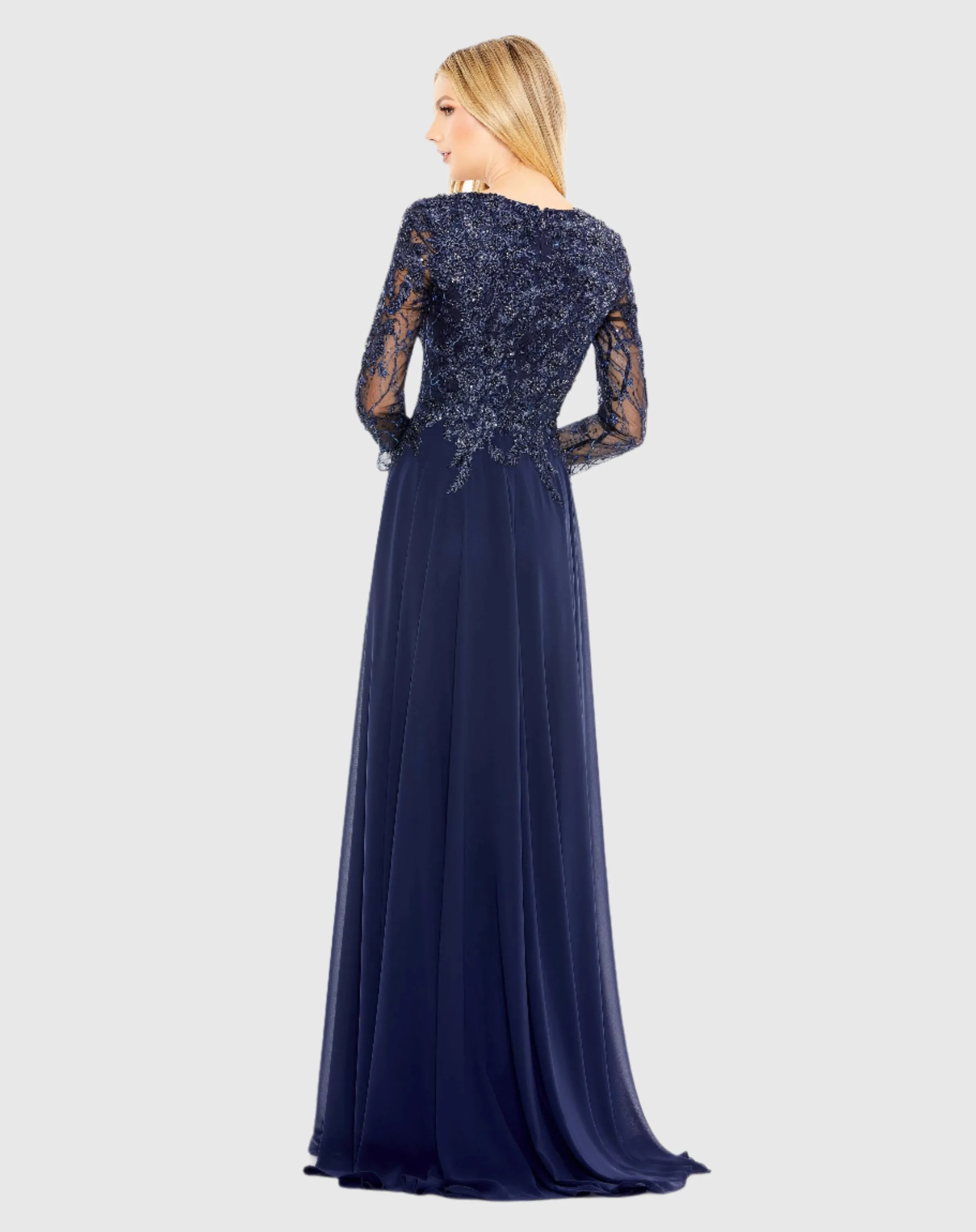 Navy Embellished Illusion V Neck Long Sleeve Gown sold by Mac Duggal product image thumbnail 3