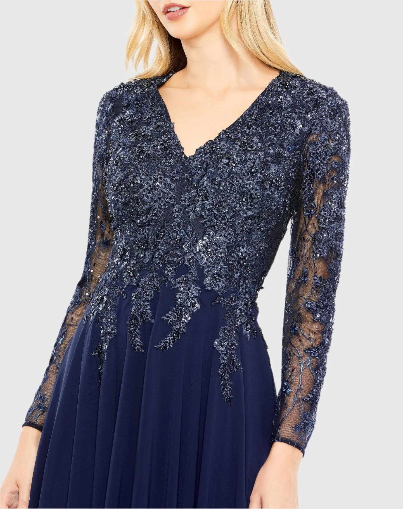 Navy Embellished Illusion V Neck Long Sleeve Gown sold by Mac Duggal product image thumbnail 2