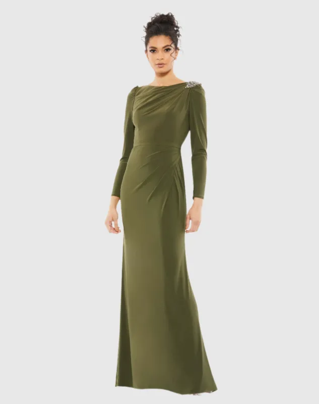 Green Draped Bateau Long Sleeve Trumpet Gown made by Mac Duggal