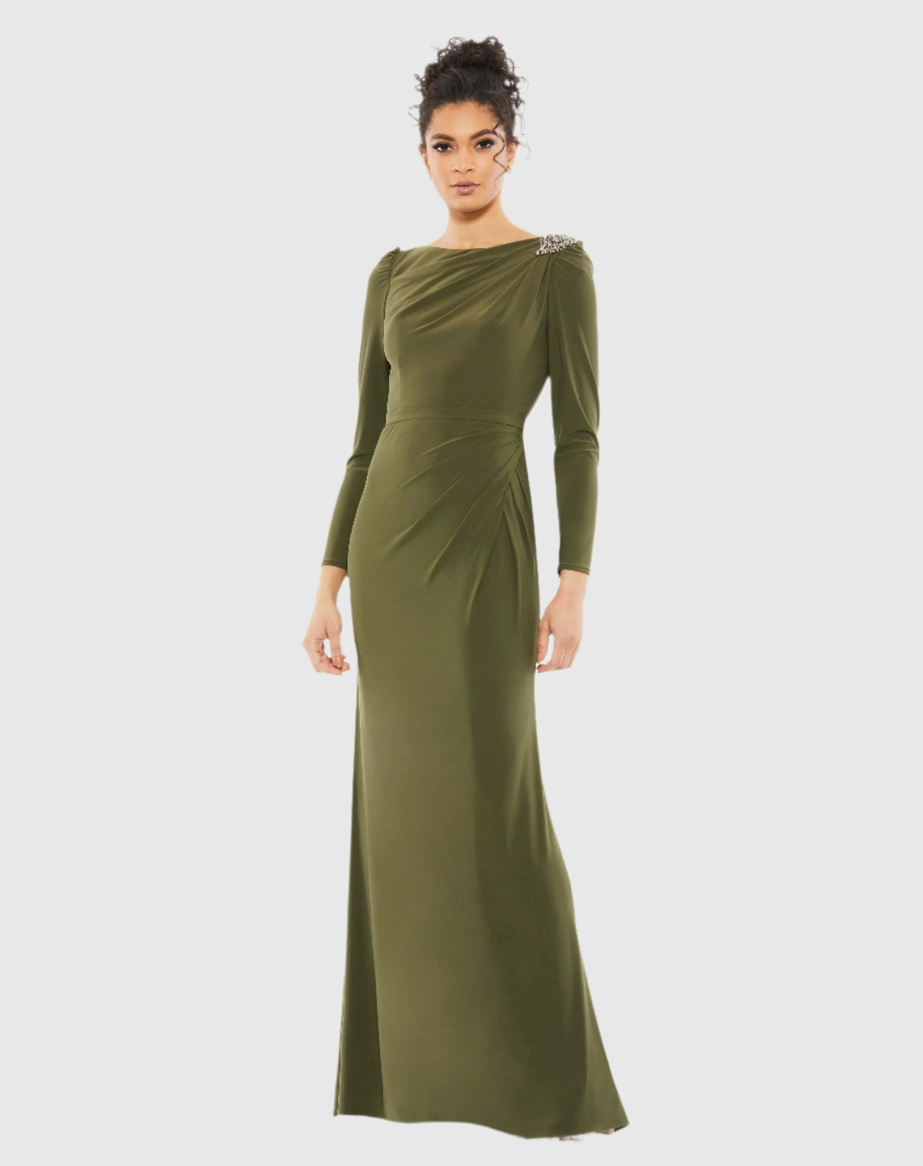 Green Draped Bateau Long Sleeve Trumpet Gown sold by Mac Duggal