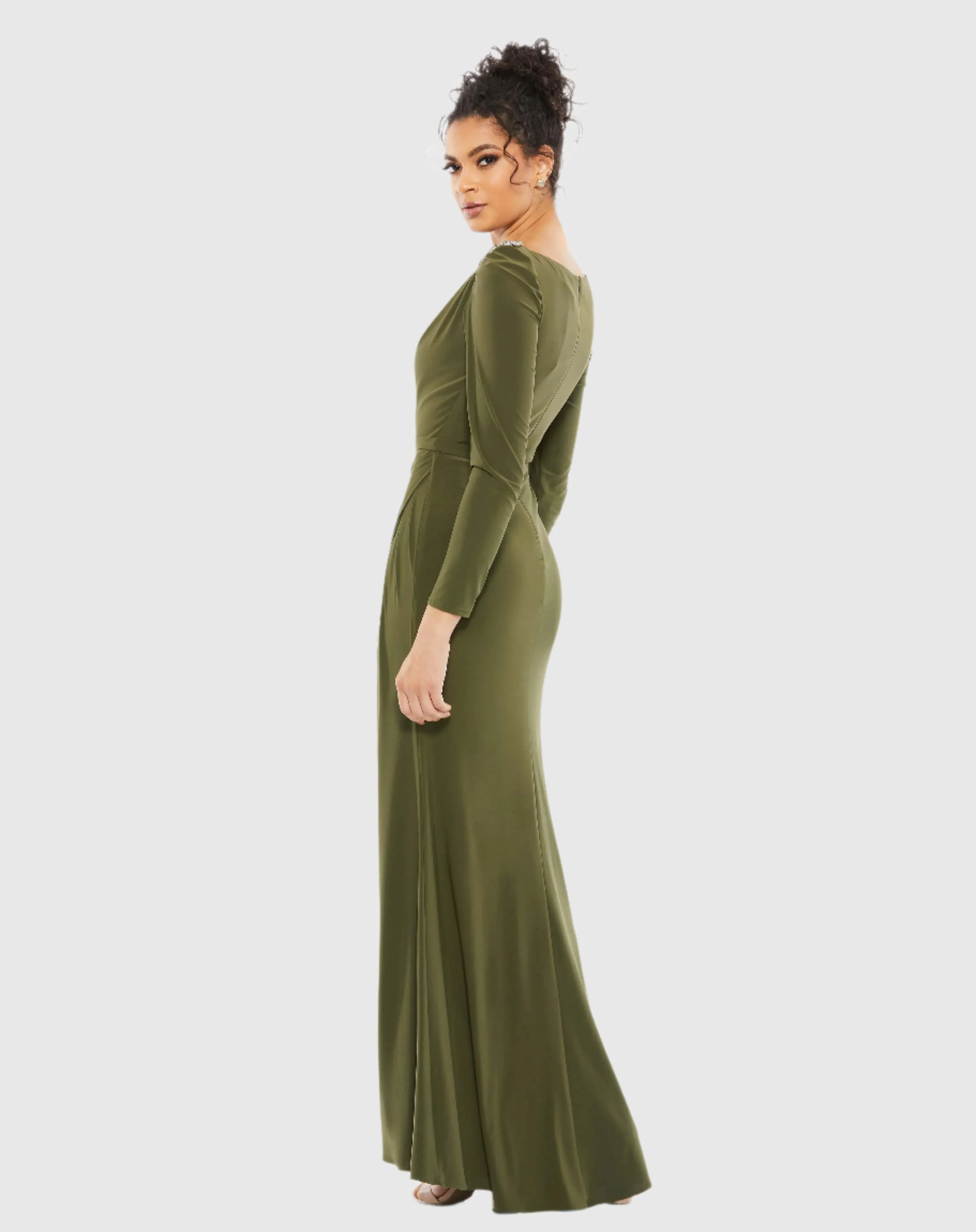 Green Draped Bateau Long Sleeve Trumpet Gown sold by Mac Duggal product image thumbnail 3