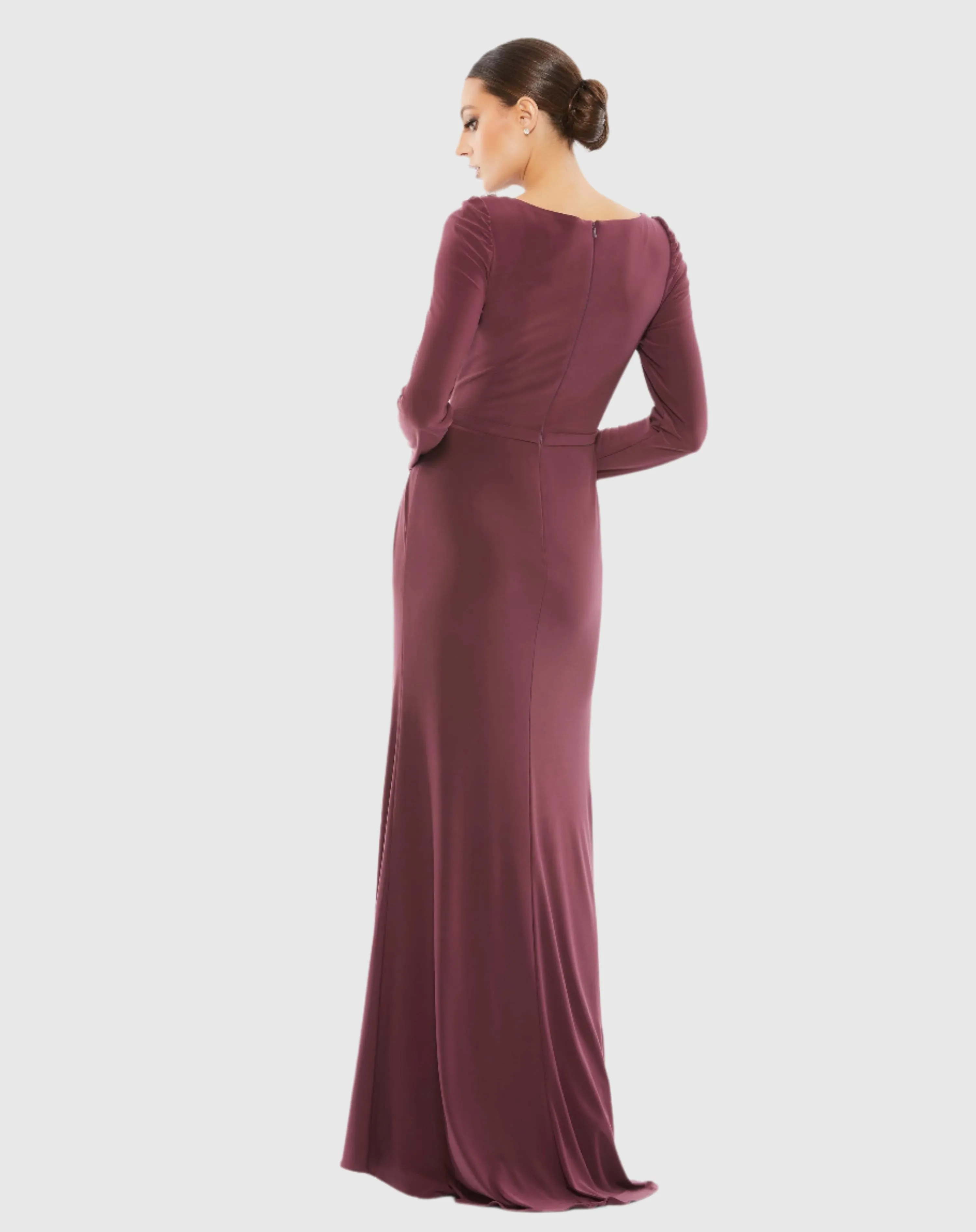 Red Draped Bateau Long Sleeve Trumpet Gown sold by Mac Duggal product image thumbnail 3