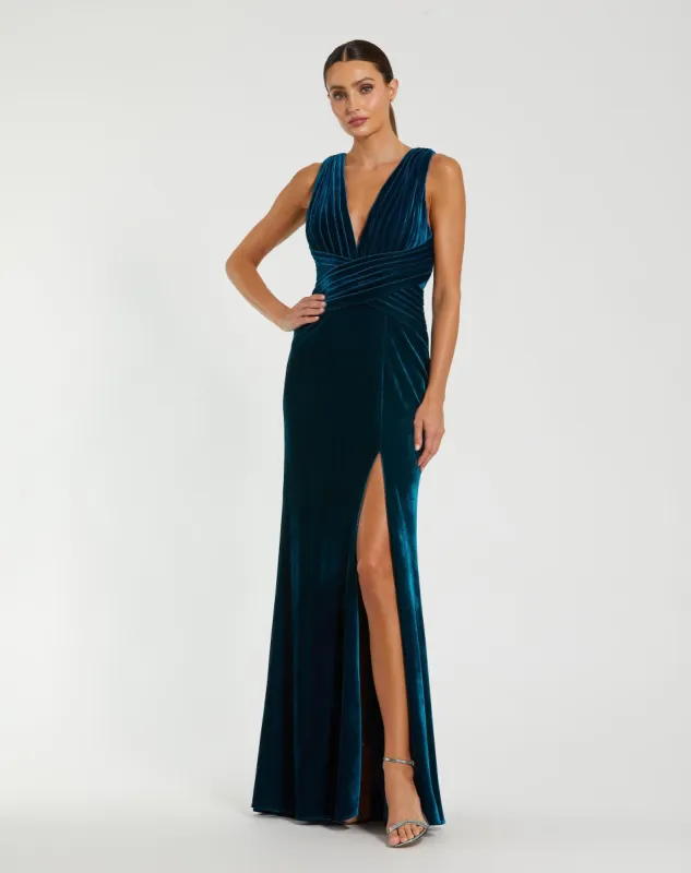 Blue Velvet Pleated Sleeveless Plunge Neckline Gown sold by Mac Duggal