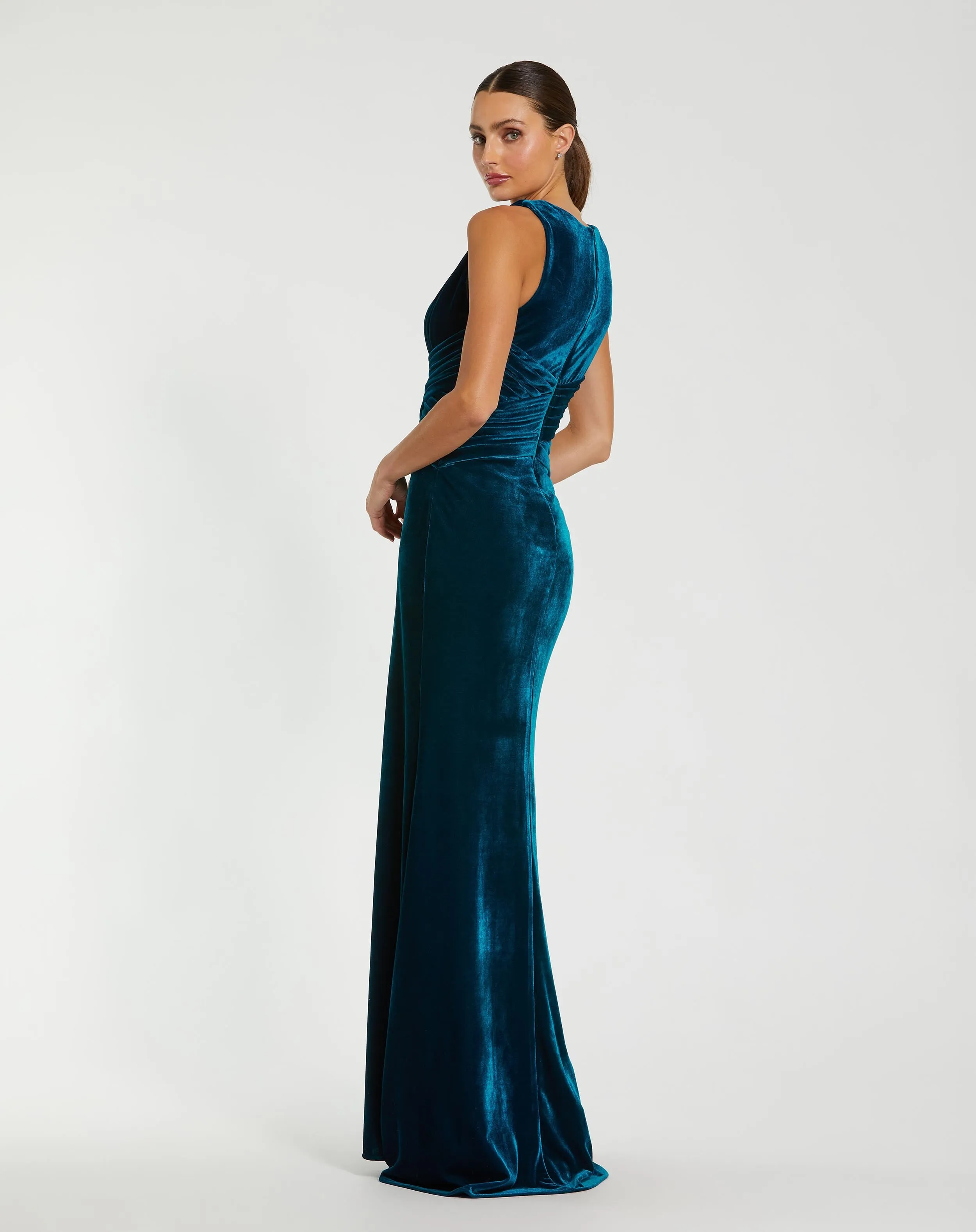 Blue Sleeveless Plunge Neck Pleated Velvet Gown sold by Mac Duggal product image thumbnail 3