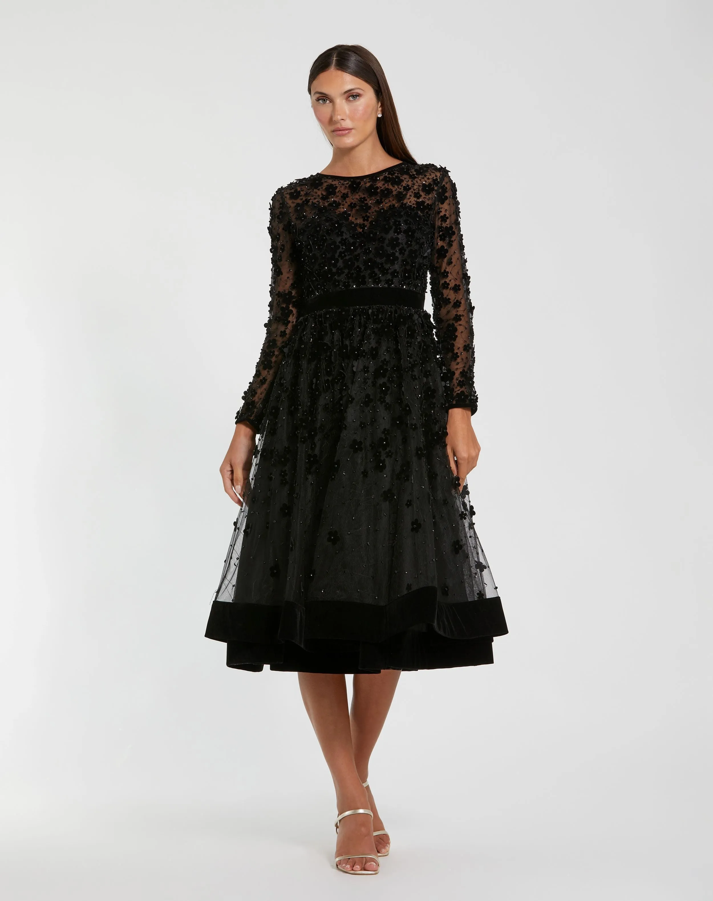 Black Velvet Embellished Illusion Long Sleeve A-Line Midi Dress sold by Mac Duggal