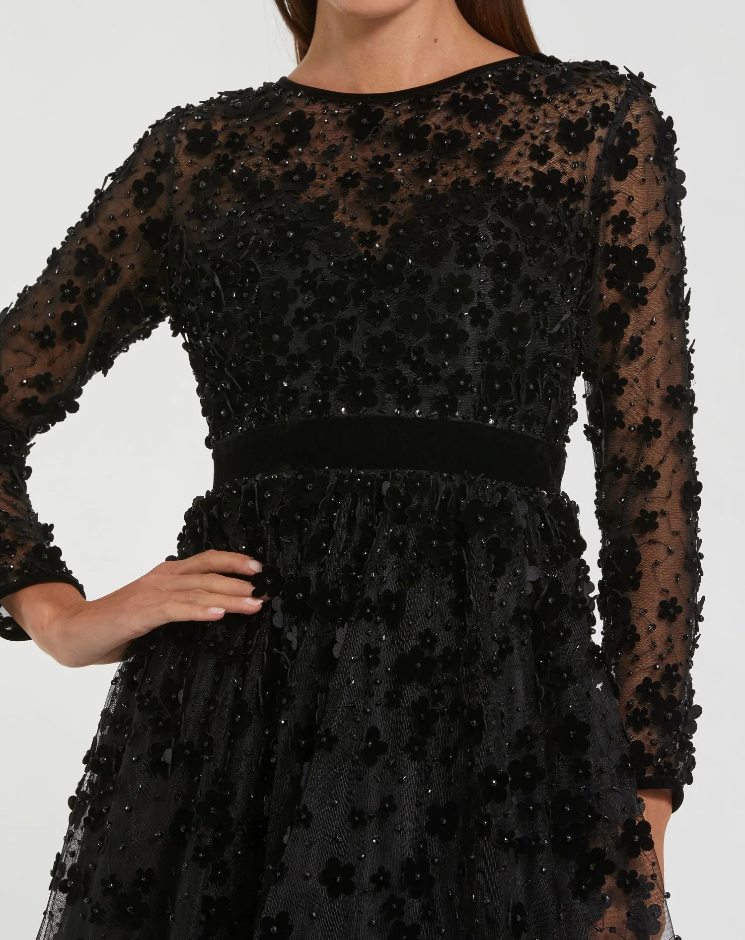 Black Velvet Embellished Illusion Long Sleeve A-Line Midi Dress sold by Mac Duggal product image thumbnail 2