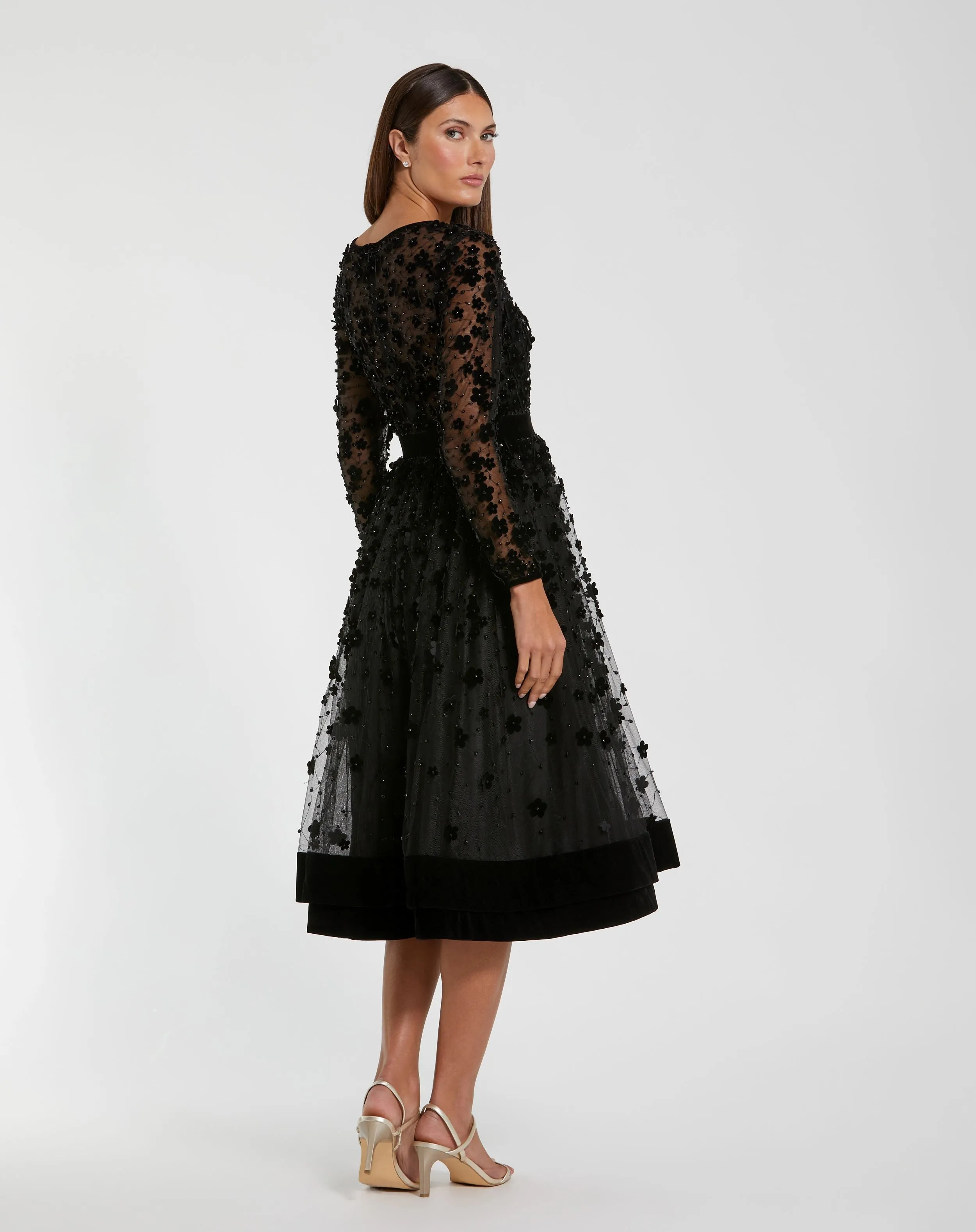 Black Velvet Embellished Illusion Long Sleeve A-Line Midi Dress sold by Mac Duggal product image thumbnail 3