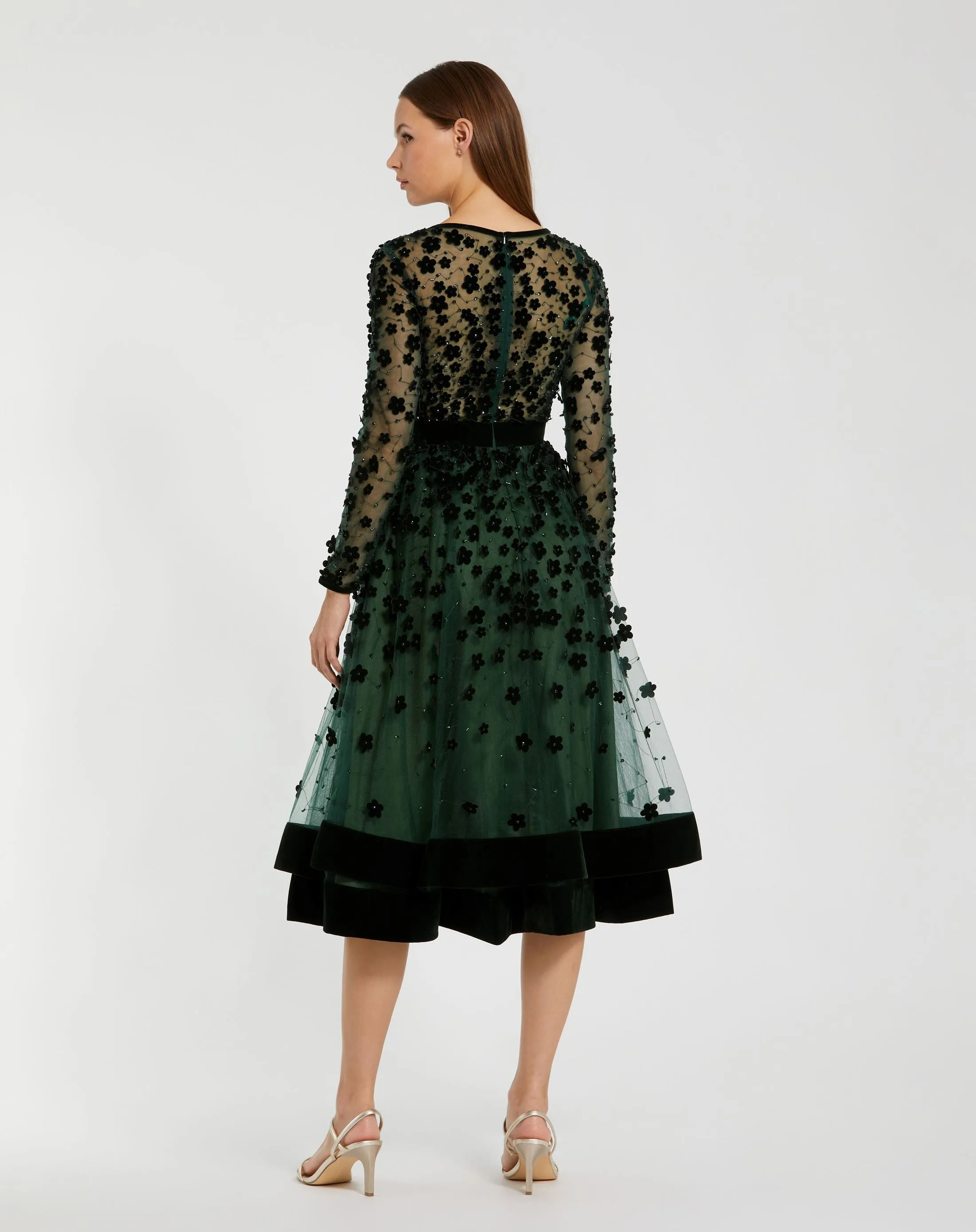Green Velvet Embellished Illusion Long Sleeve A-Line Midi Dress sold by Mac Duggal product image thumbnail 3