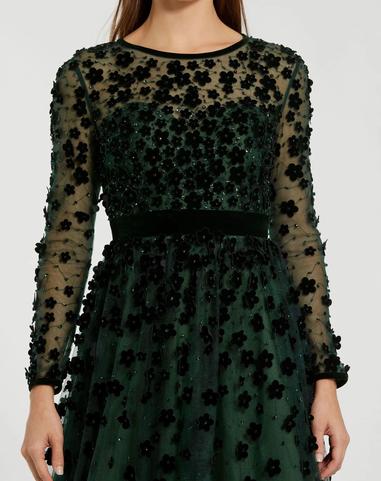 Green Velvet Embellished Illusion Long Sleeve A-Line Midi Dress sold by Mac Duggal product image thumbnail 2