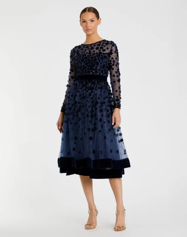 Navy Velvet Embellished Illusion Long Sleeve A-Line Midi Dress sold by Mac Duggal