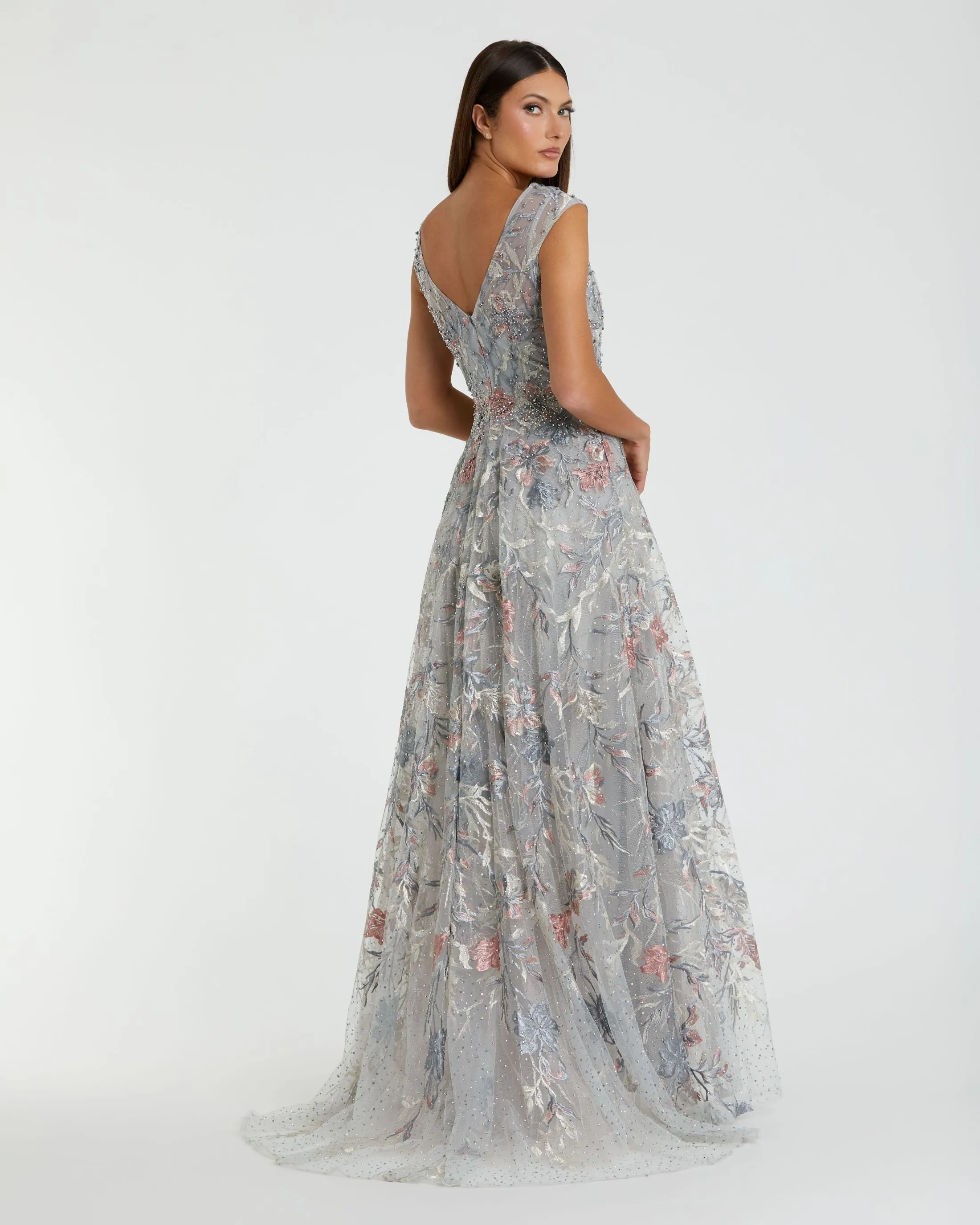 Gray Embroidered Illusion Cap Sleeve A Line Gown sold by Mac Duggal product image thumbnail 3