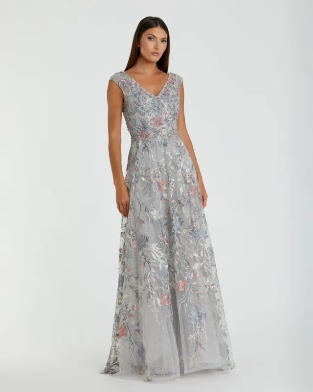 Gray Embroidered Illusion Cap Sleeve A Line Gown sold by Mac Duggal