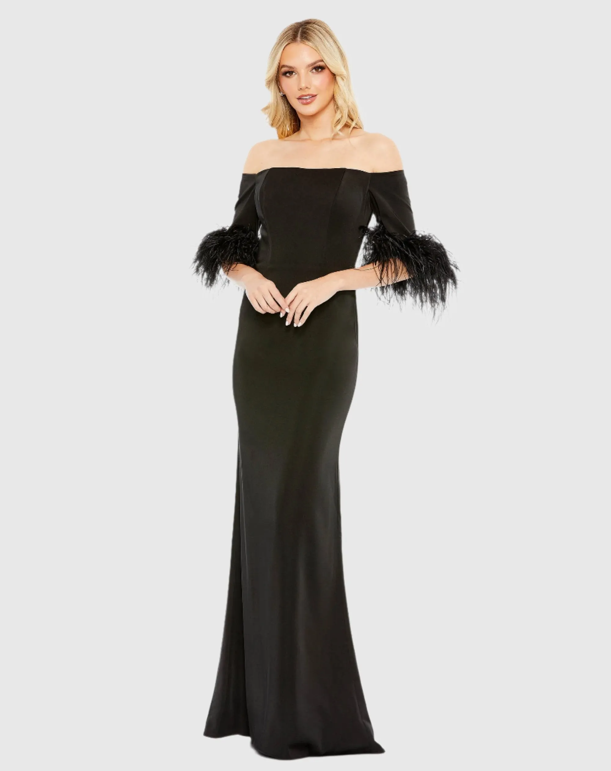 Feather Trim Off The Shoulder Column Gown sold by Mac Duggal