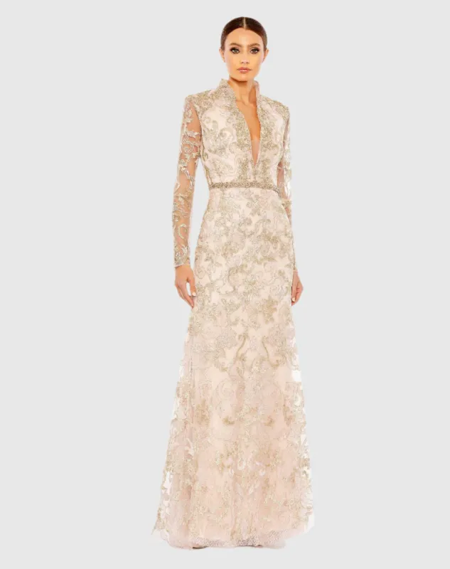 Pink Queen Anne Lace Long Sleeve V-Neck Trumpet  Gown made by Mac Duggal