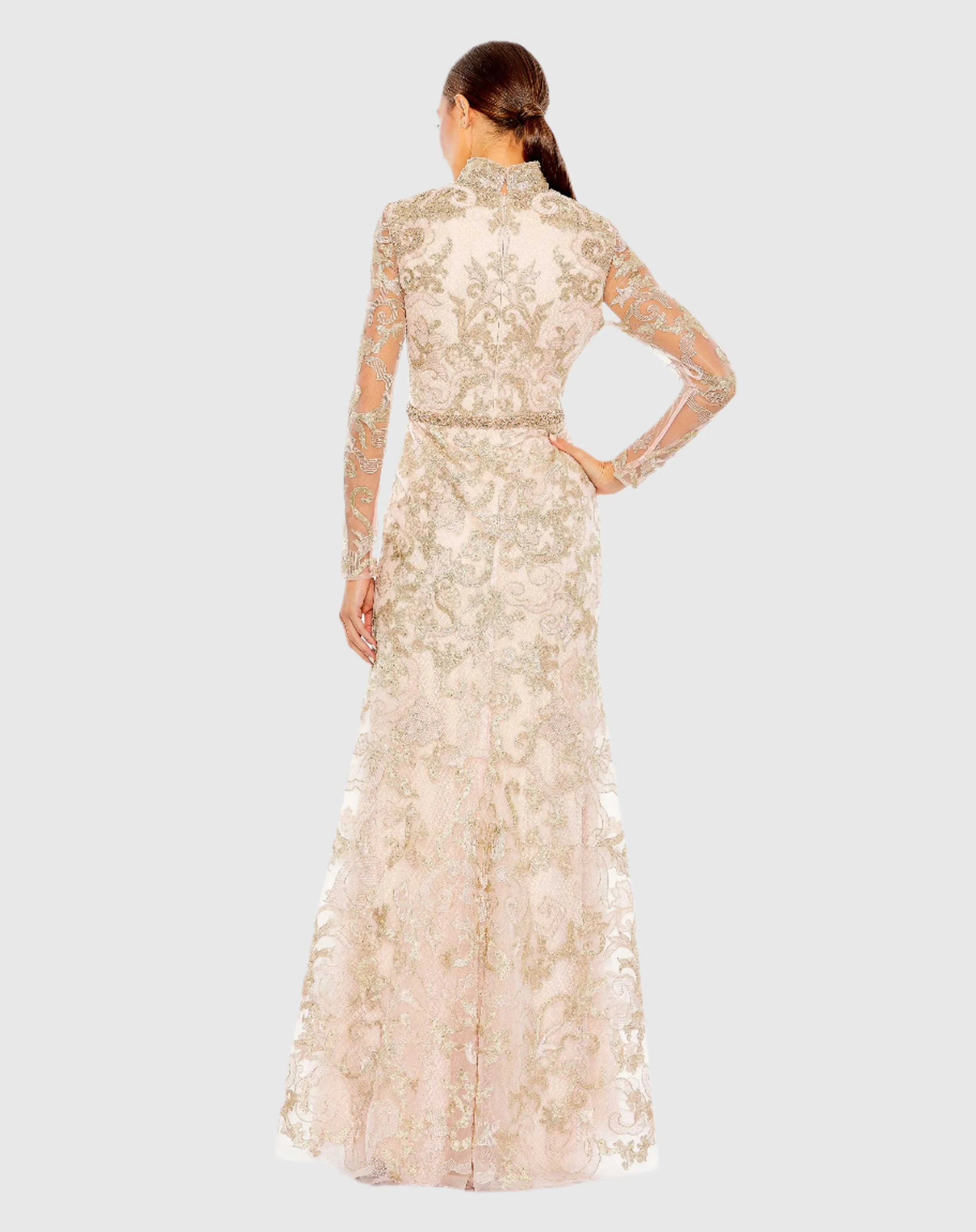 Pink Queen Anne Lace Long Sleeve V-Neck Trumpet Gown sold by Mac Duggal product image thumbnail 3