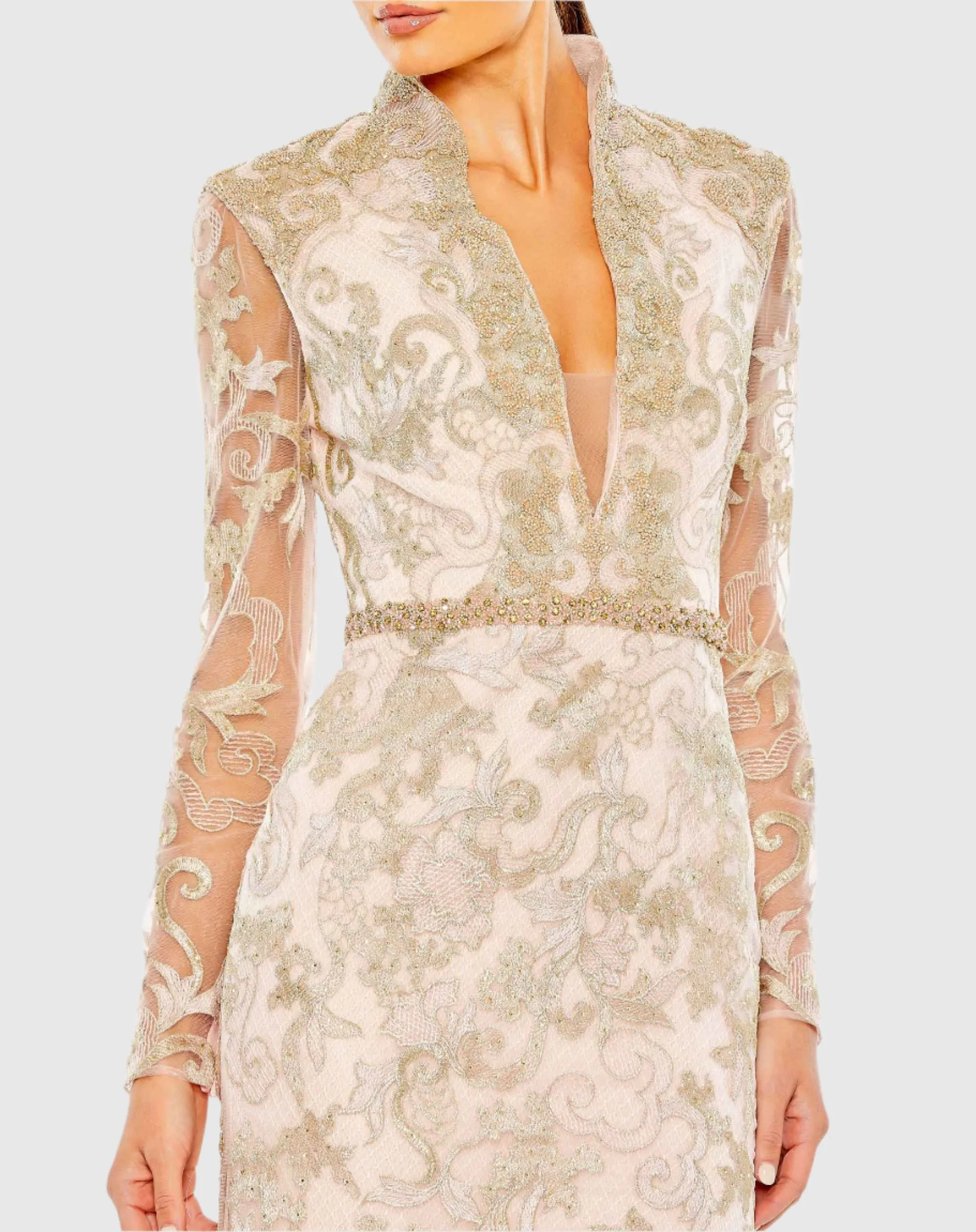 Pink Queen Anne Lace Long Sleeve V-Neck Trumpet Gown sold by Mac Duggal product image thumbnail 2