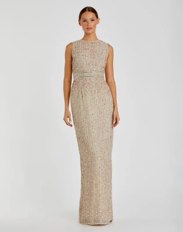 Beige Sequined High Neck Sleeveless Column Gown sold by Mac Duggal
