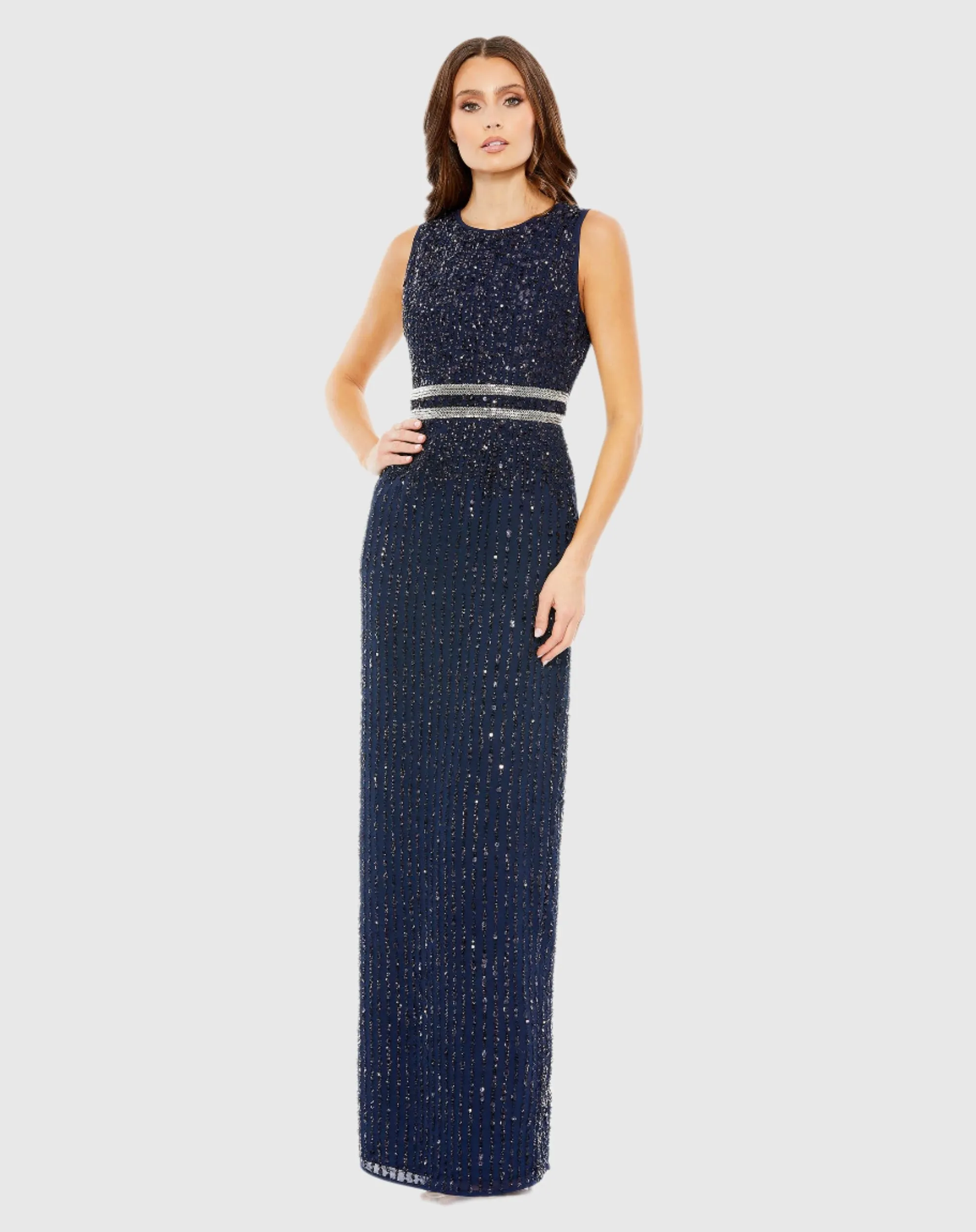 Navy Sequined High Neck Sleeveless Column Gown sold by Mac Duggal