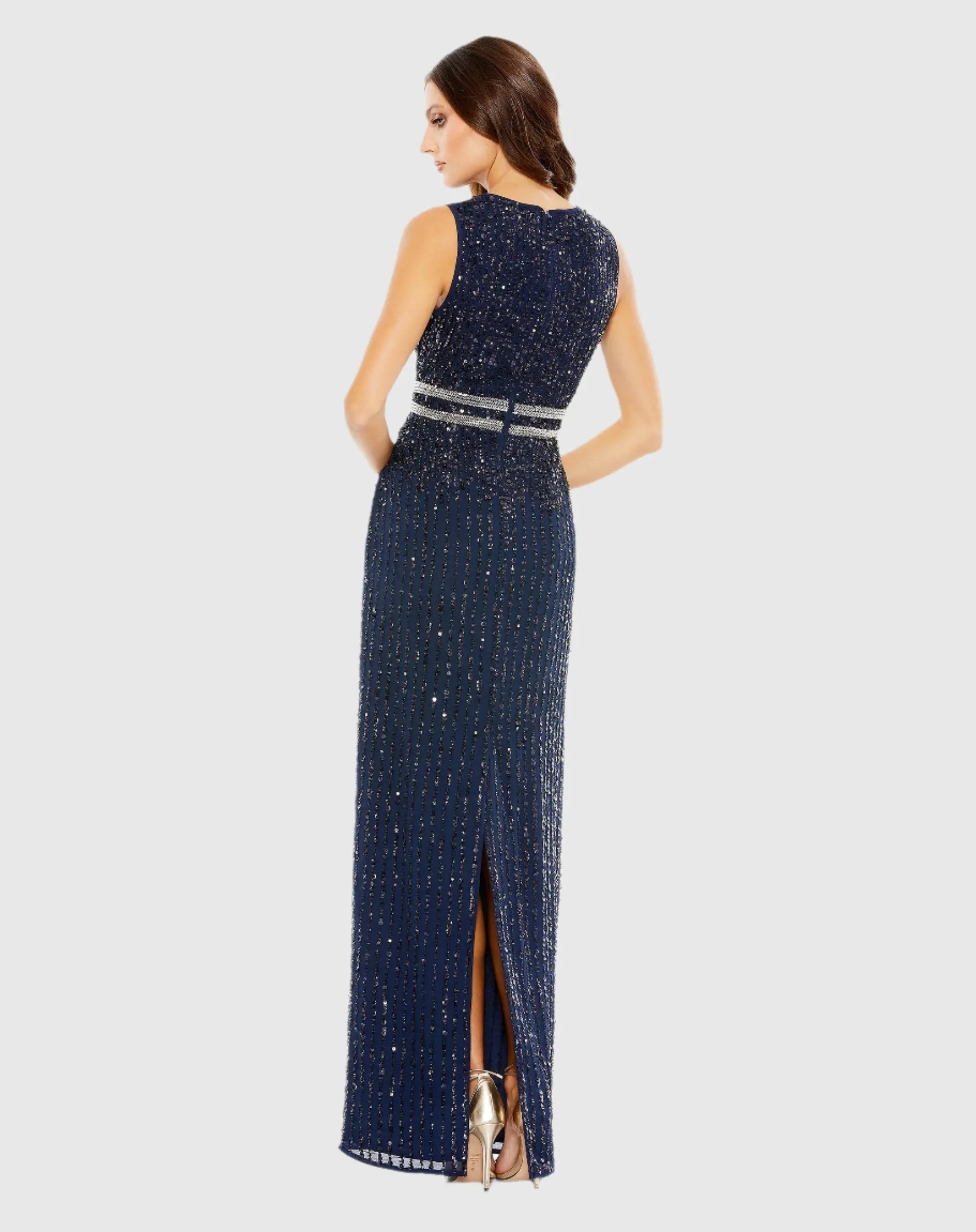 Navy Sequined High Neck Sleeveless Column Gown sold by Mac Duggal product image thumbnail 3
