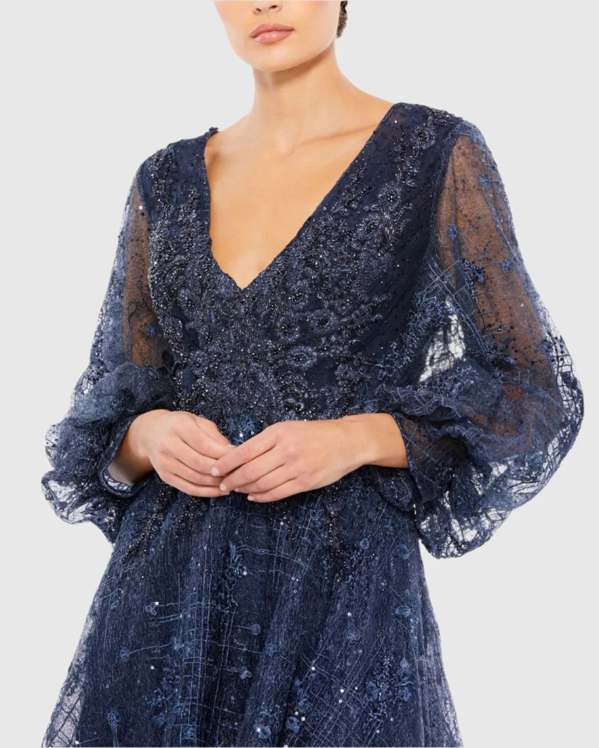 Blue Embellished Plunge Neck Puff Sleeve A Line Gown sold by Mac Duggal product image thumbnail 2