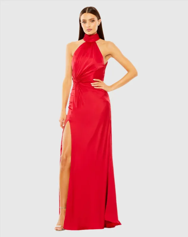 Red Open Back High Neck Side Ruched Gown sold by Mac Duggal